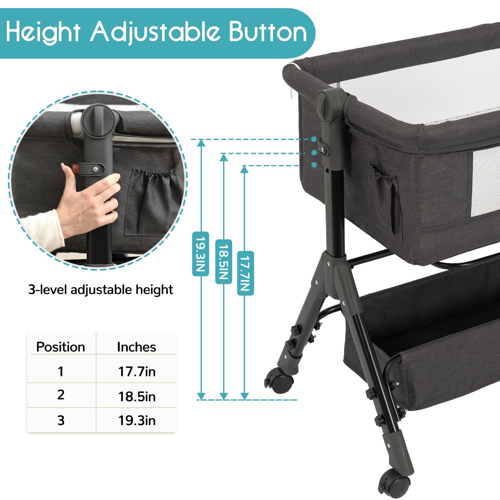**3-in-1 Portable Baby Bassinet with Wheels & Mosquito Net - Adjustable, Foldable Bedside Sleeper for Newborns & Infants (Dark Grey) - Perfect for Nursery, Travel & Co-Sleeping**