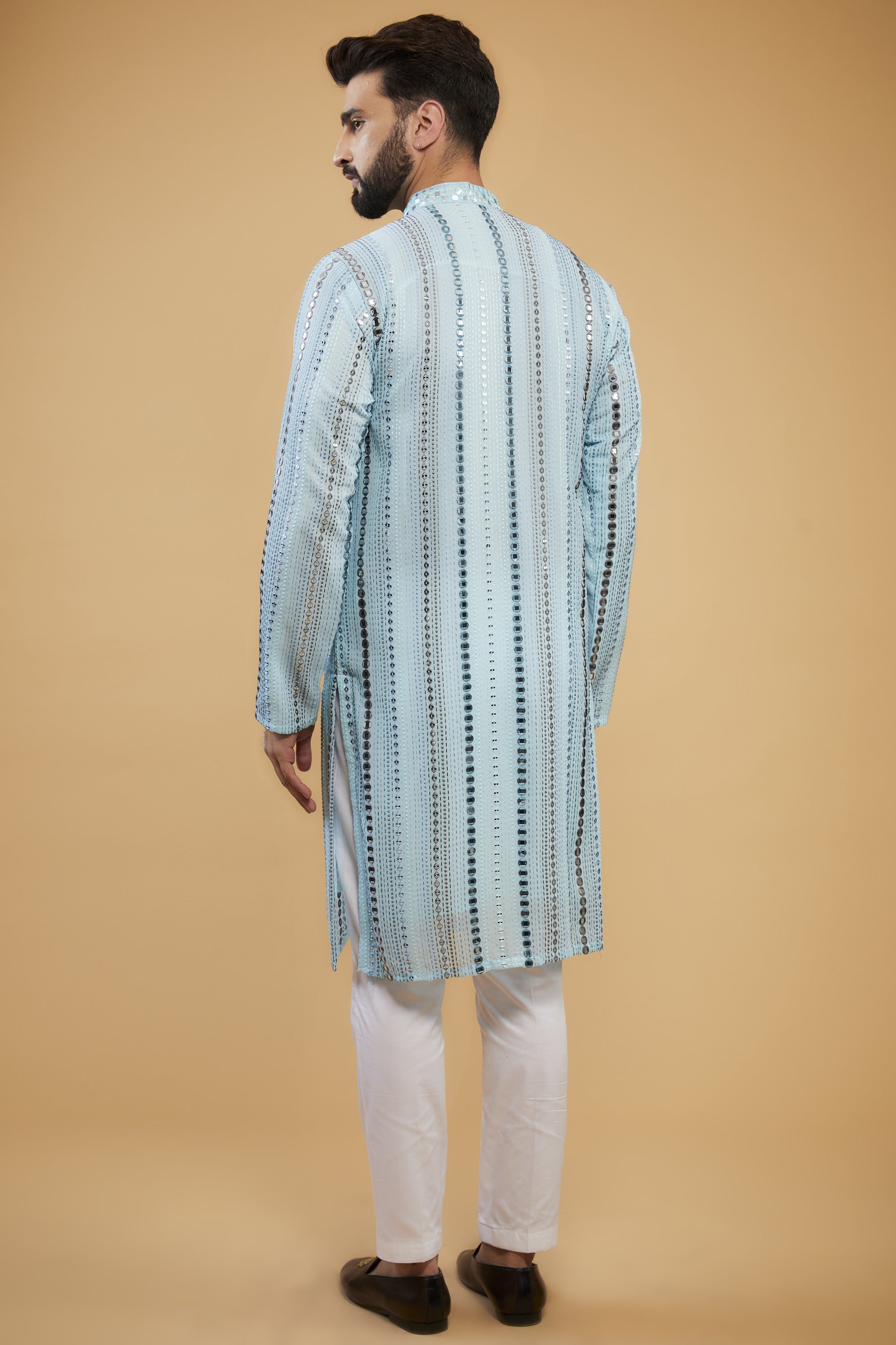Elegant Powder Blue Mirror Work Kurta with Hand Embroidered Neckline - Perfect for Indian Festivals, Weddings & Special Occasions