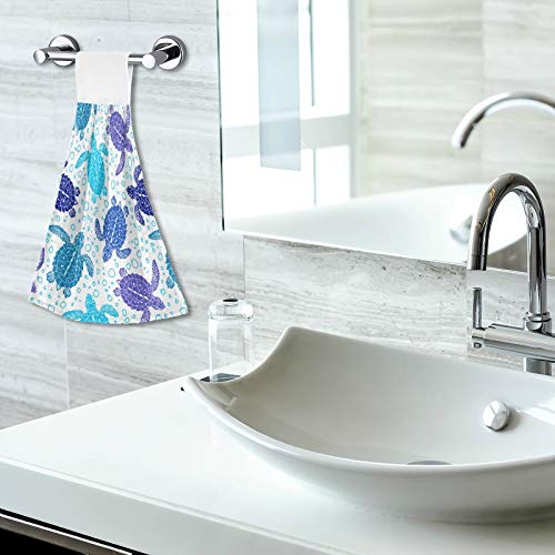 2 Pack Blue Sea Turtle Hand Towels with Loops - Soft Bathroom & Kitchen Towels for Fingertip Drying, Beach Themed Home Decor - Perfect for Bathrooms, Kitchens, and Coastal Themed Spaces