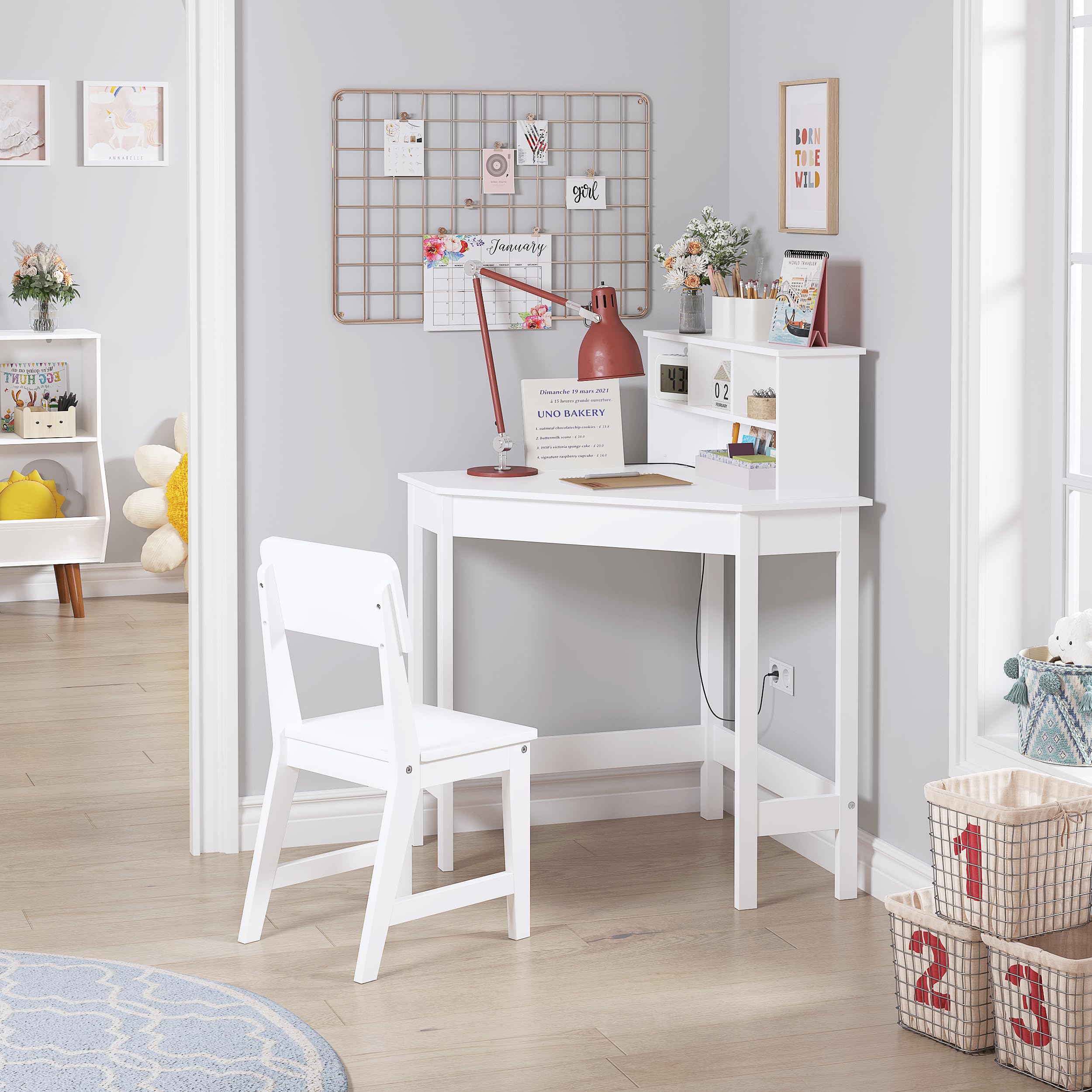 UTEX Kids Study Desk and Chair Set with Storage Hutch - White Corner Desk for Children's Room, Homeschooling & Learning Activities
