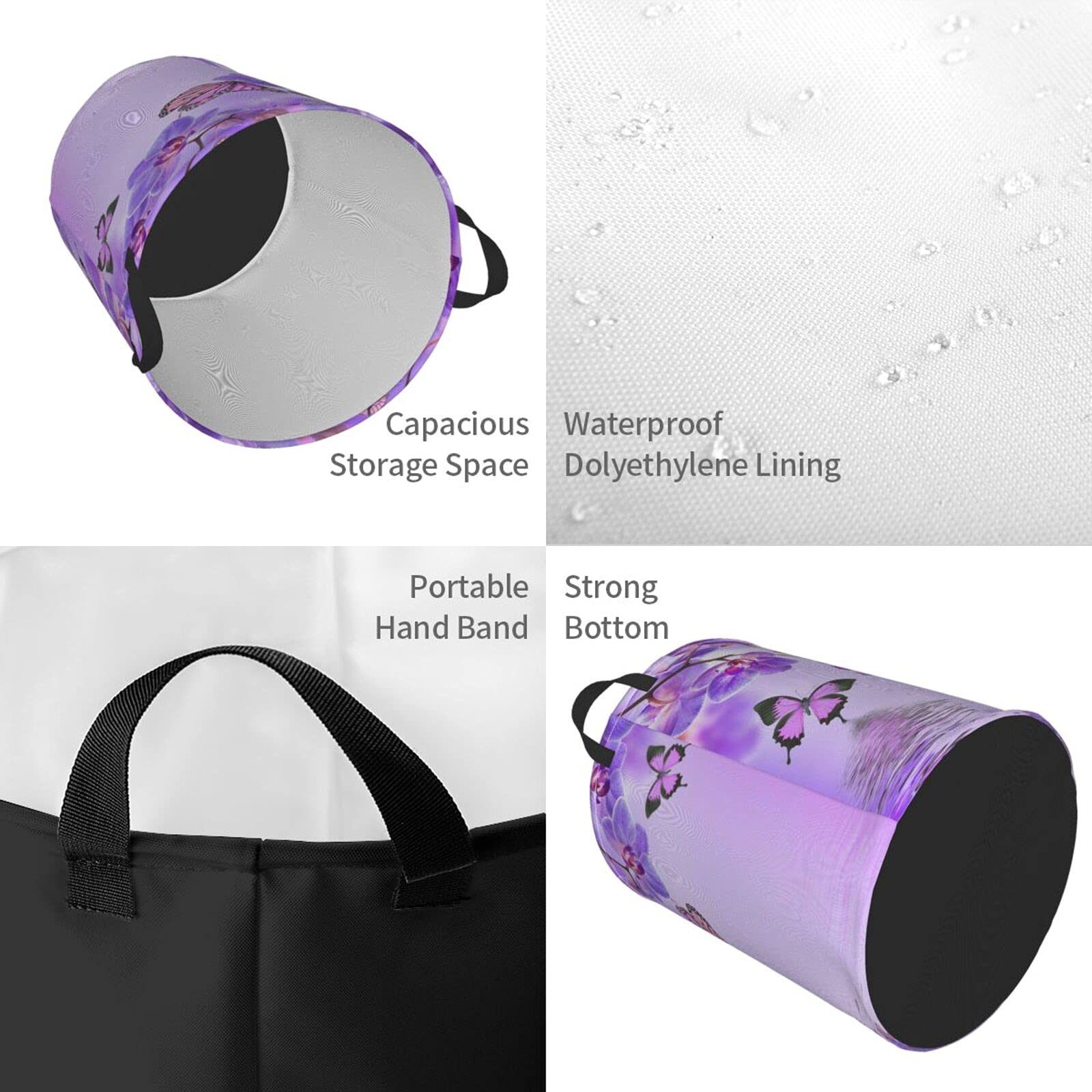 Purple Butterfly Floral Collapsible Laundry Basket with Handles - Waterproof Fabric Hamper for Clothes, Toys & Bathroom Storage - Foldable Organizer Bin for Dirty Laundry, Bedroom & Dorm Room Use