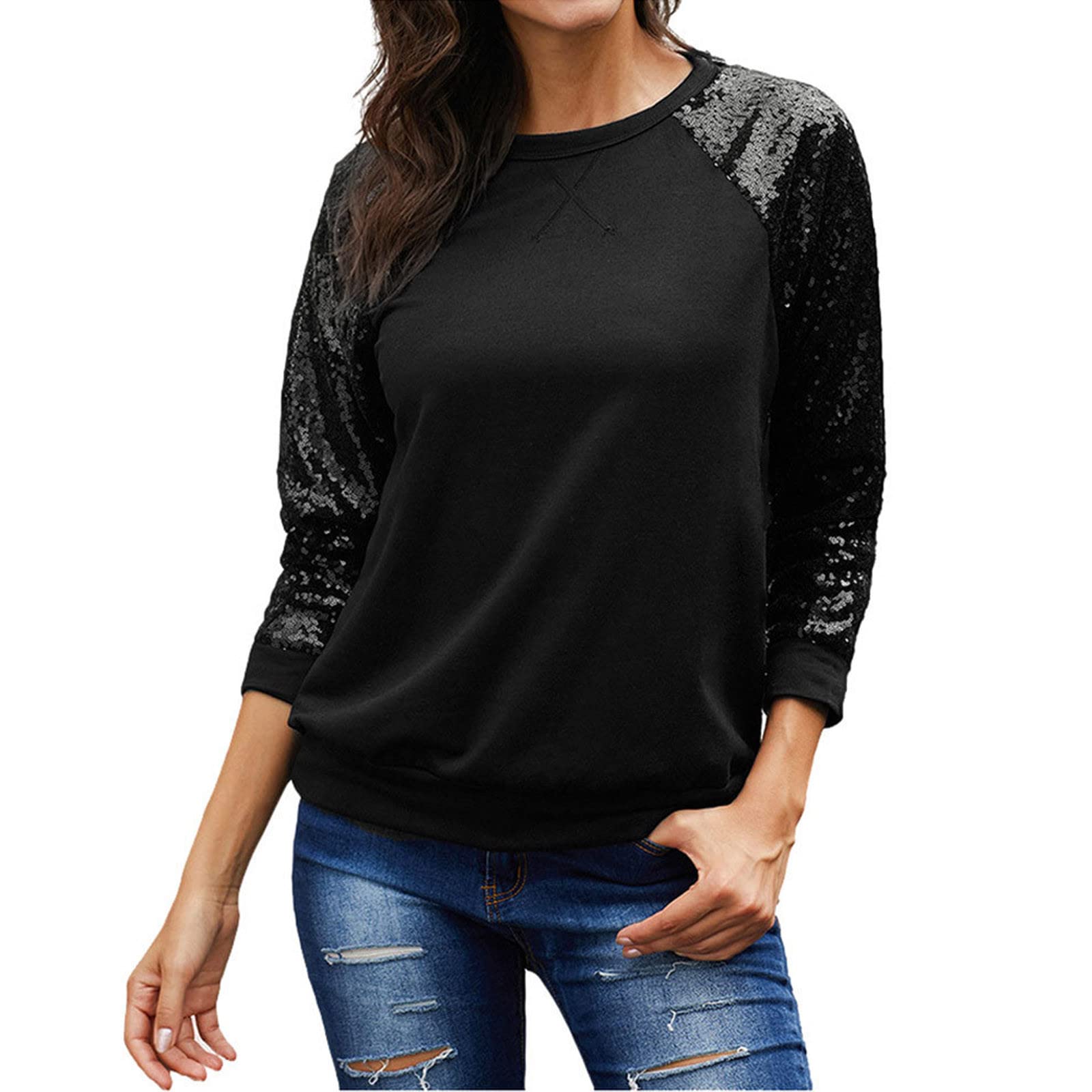 Sparkly Glitter Tops for Women - Long Sleeve Casual Sequin Print Loose Fit T-Shirt | Party Wear, Club Outfits & Holiday Fashion