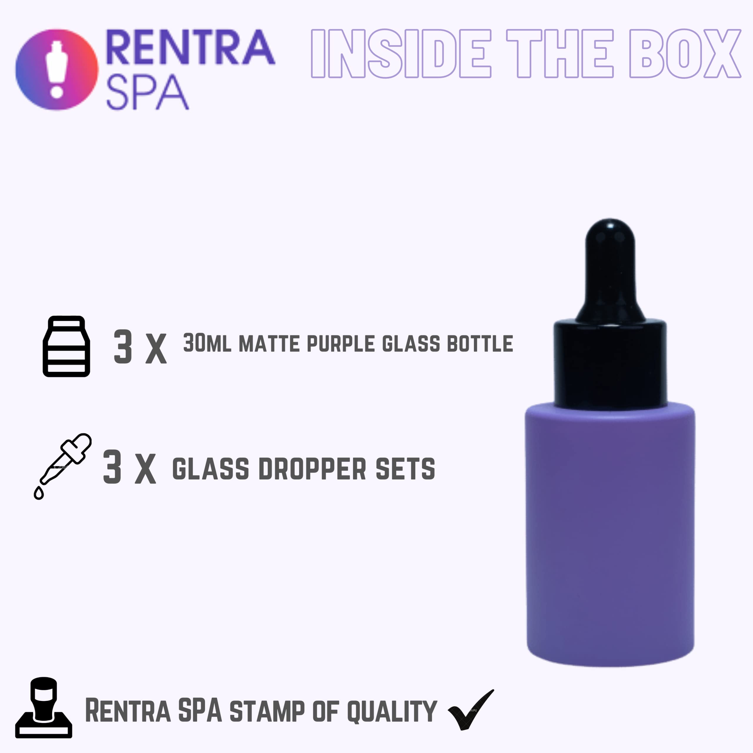 **Rentra S.P.A 30ml Matte Purple Glass Bottle with Dropper & Black Ring - 3 Pack for Essential Oils, Carrier Oils, Serum & Cosmetics - Perfect for DIY Beauty, Aromatherapy & Skincare Storage**