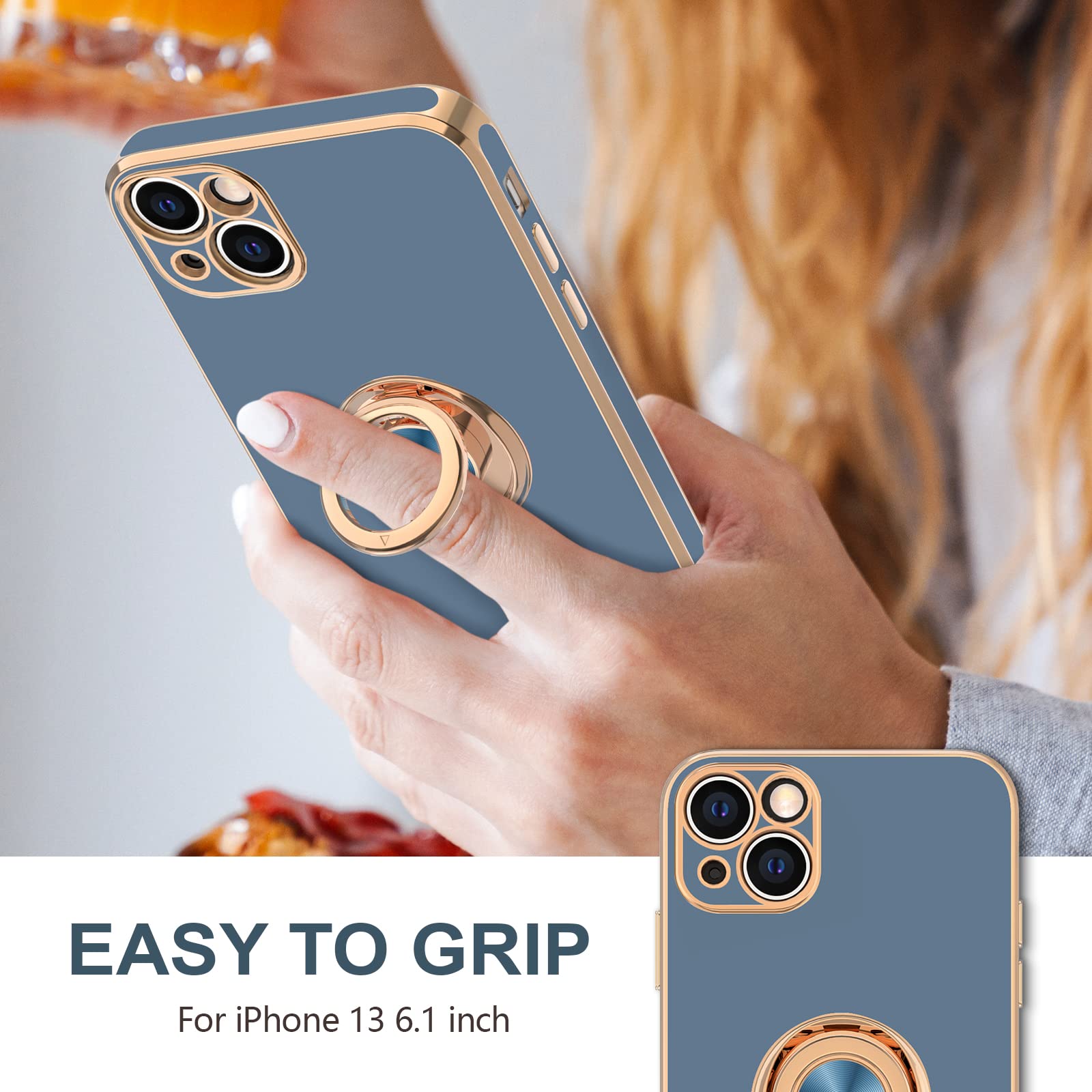 360° Rotatable Magnetic Ring Stand Case for iPhone 13 - Slim Soft TPU Cover with Plated Rose Gold Edge | Luxury Protective Phone Case for Women & Men (Blue Gray) | Perfect for Hands-Free Viewing, Workouts & Travel