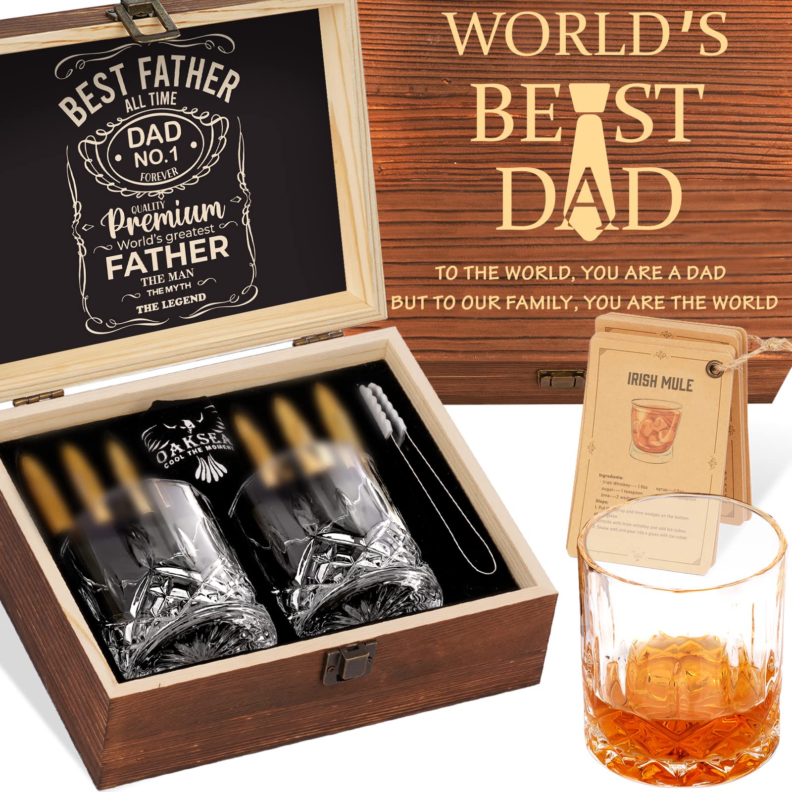 Personalized Whiskey Stones & Glasses Set - Engraved 'World's Best Dad' Gift for Father's Day, Birthday, Christmas - Ideal for Bourbon, Scotch & Cocktails - Perfect Gift from Daughter, Son or Wife