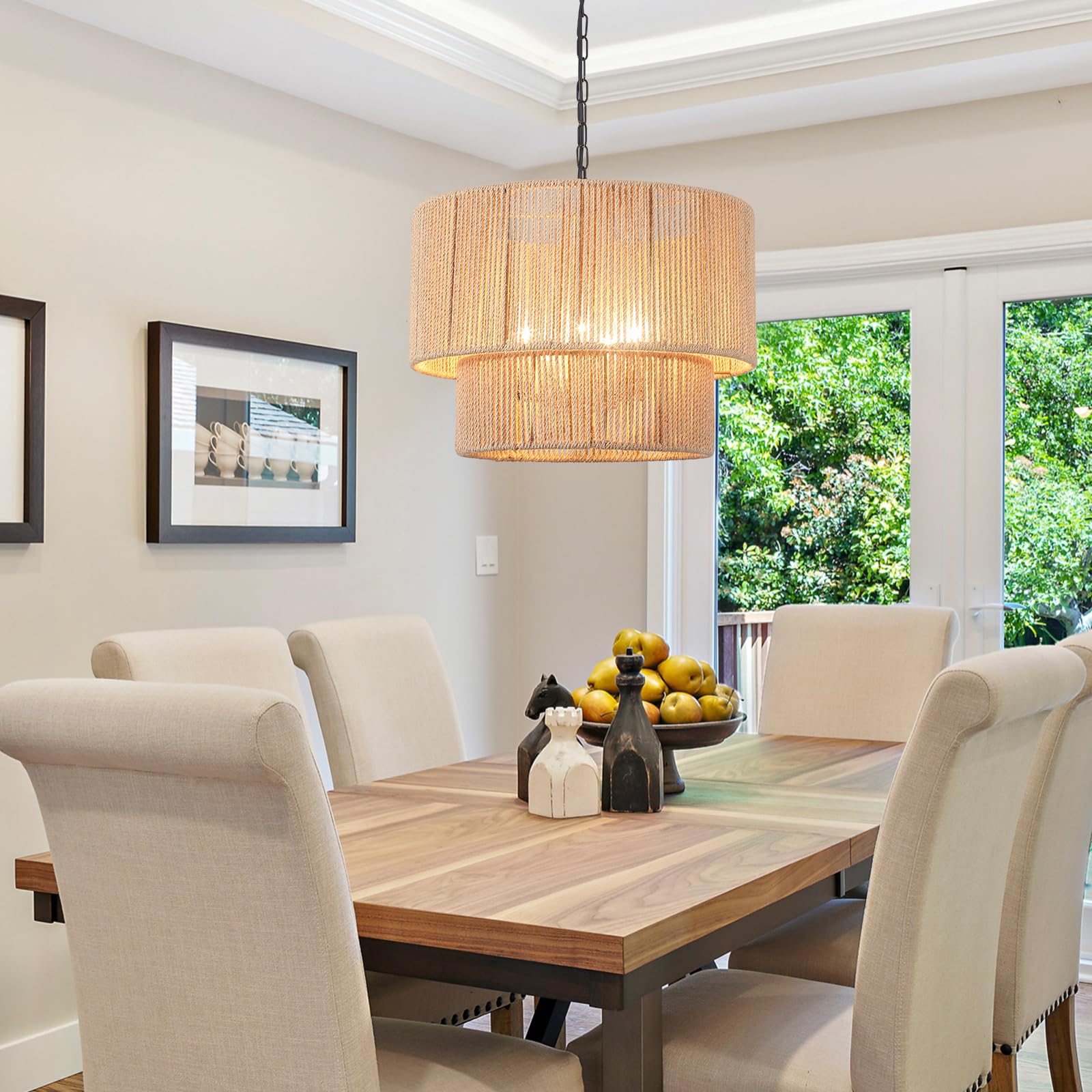Hand Woven Large Rattan Chandelier - 5-Light Boho Pendant Light Fixture with Wicker Drum Shade - Rustic Farmhouse Ceiling Lighting for Dining Room, Kitchen Island, Living Room & Foyer - Perfect for Boho Decor, Coastal Homes & Cottage Style Interiors