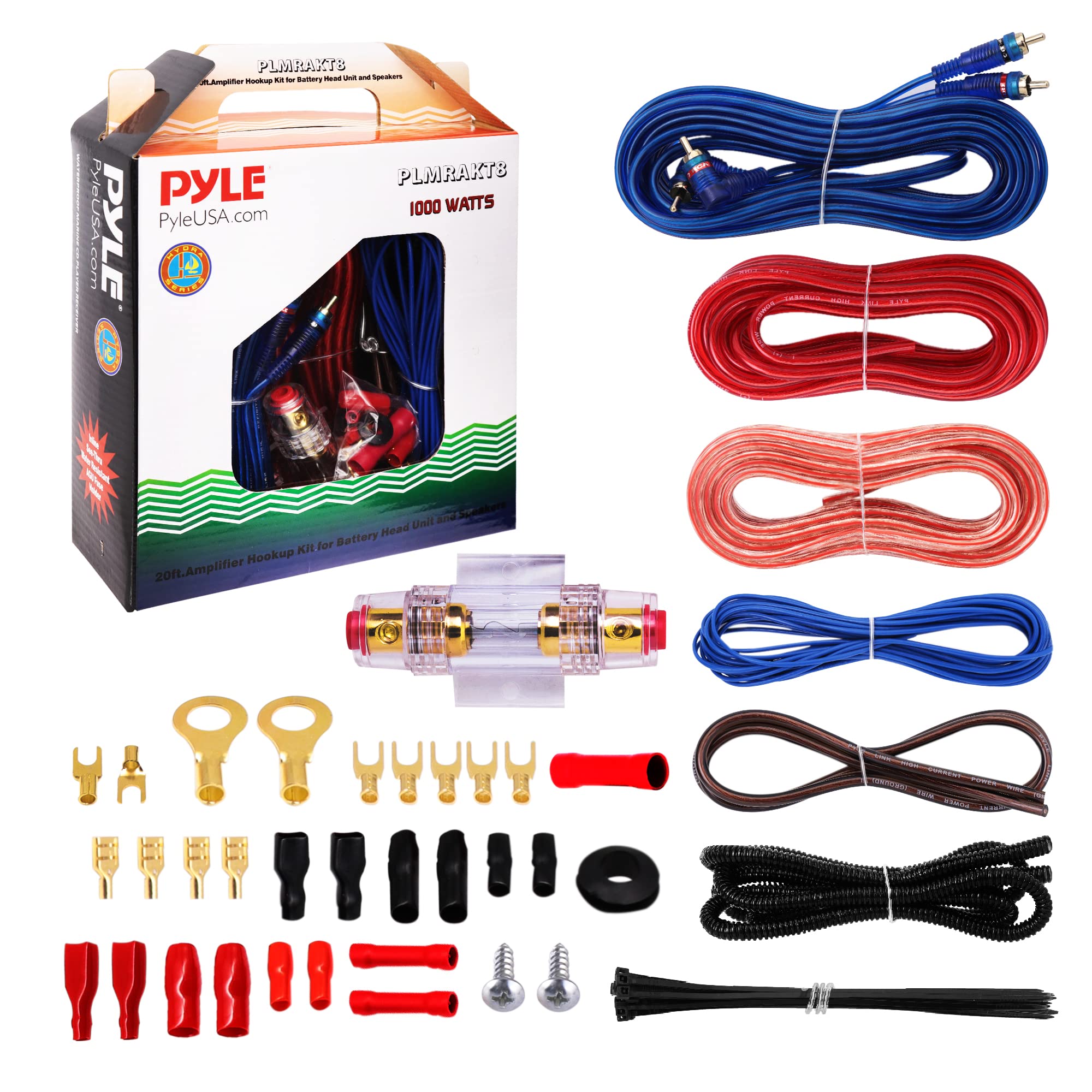 Pyle 8 Gauge 20ft Marine & Car Audio Power Wiring Kit - 1000W Amplifier Installation with Gold Plated Fuse - Perfect for Boat, Truck & Car Stereo Systems