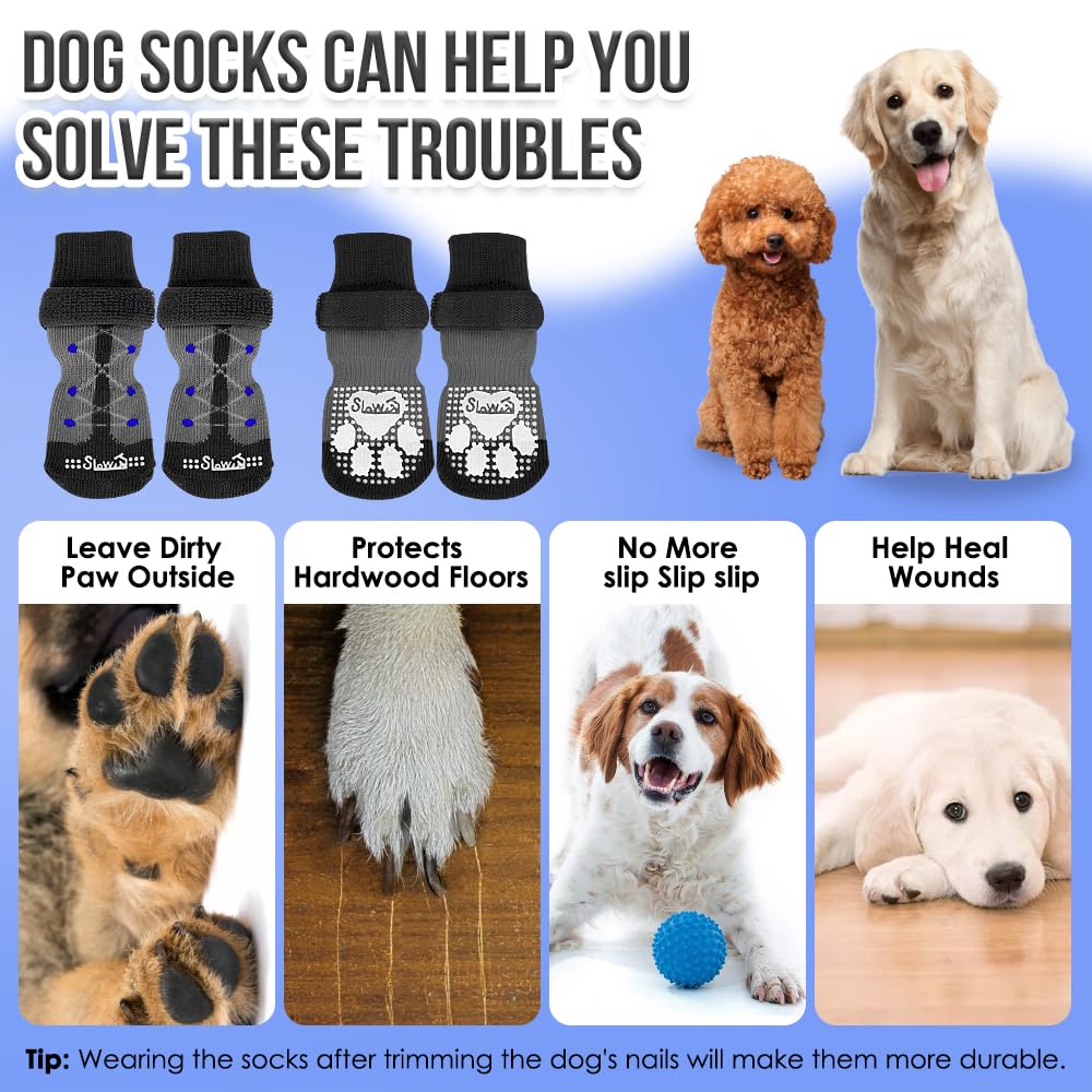 SlowTon Non-Slip Dog Socks - 3 Pairs Anti-Slip Pet Socks with Double-Sided Grips for Small, Medium & Large Dogs | Traction Socks for Hardwood Floors, Senior Dogs & Paw Protection | Perfect for Indoor Use, Slippery Surfaces & Post-Surgery Recovery
