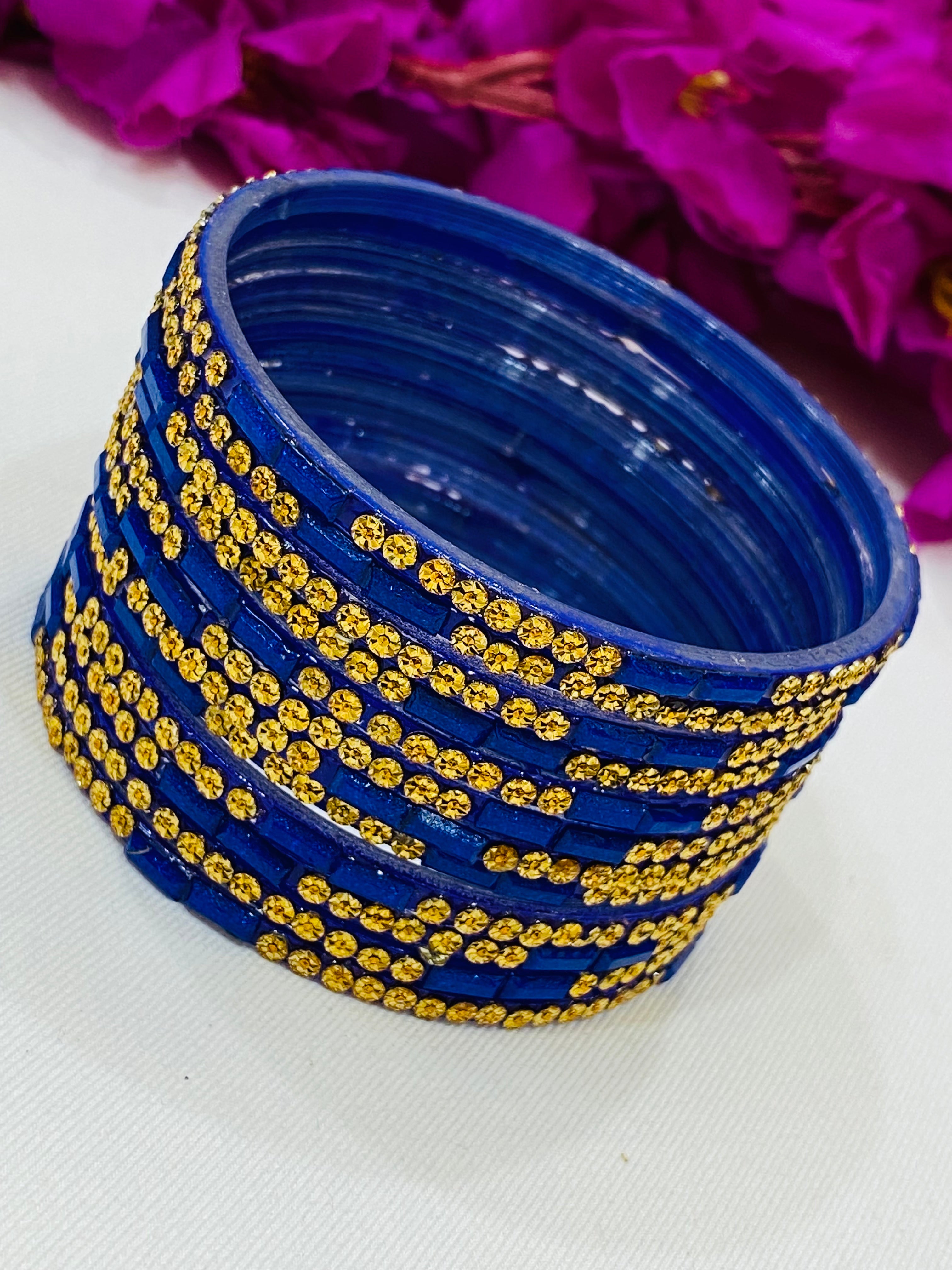 Elegant Blue Stone Design Glass Bangles for Women - Perfect for Weddings, Parties & Fashion Accessories