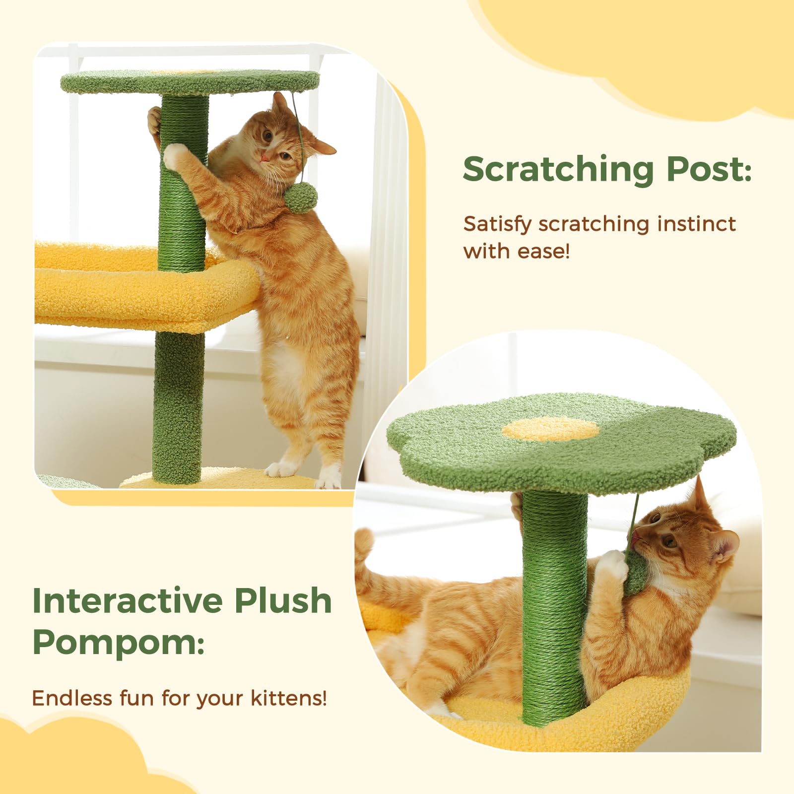 Made4Pets 36.5 Inch Multi-Level Cactus Cat Tree with Scratching Posts & Plush Perch - Indoor Cat Tower with Private Condo for Kittens & Small Cats - Perfect for Play, Rest & Scratching in Home or Office