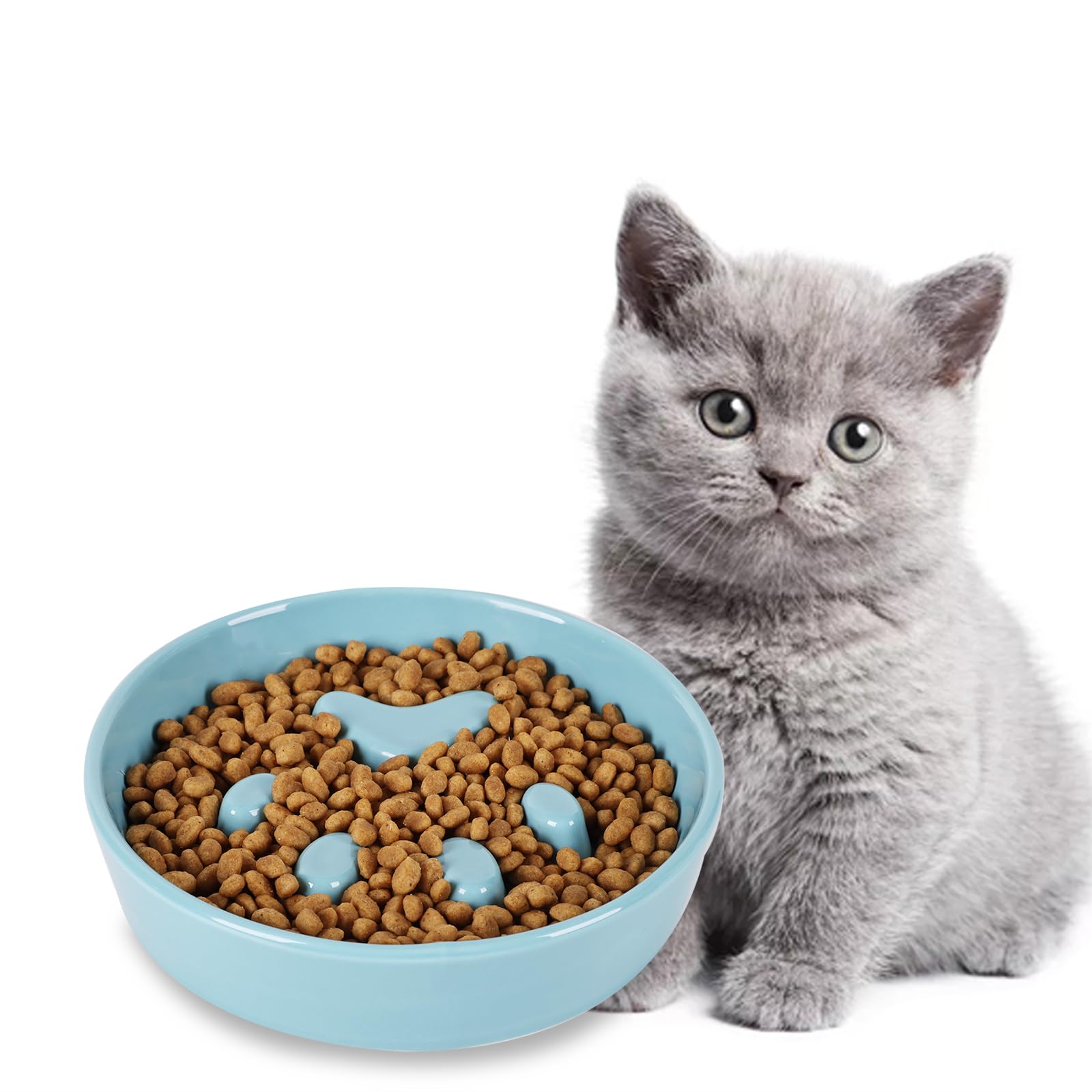 Ceramic Slow Feeder Cat Bowl - Turquoise Fun Slow Eater Dish for Cats - Perfect for Portion Control & Preventing Bloat During Mealtime