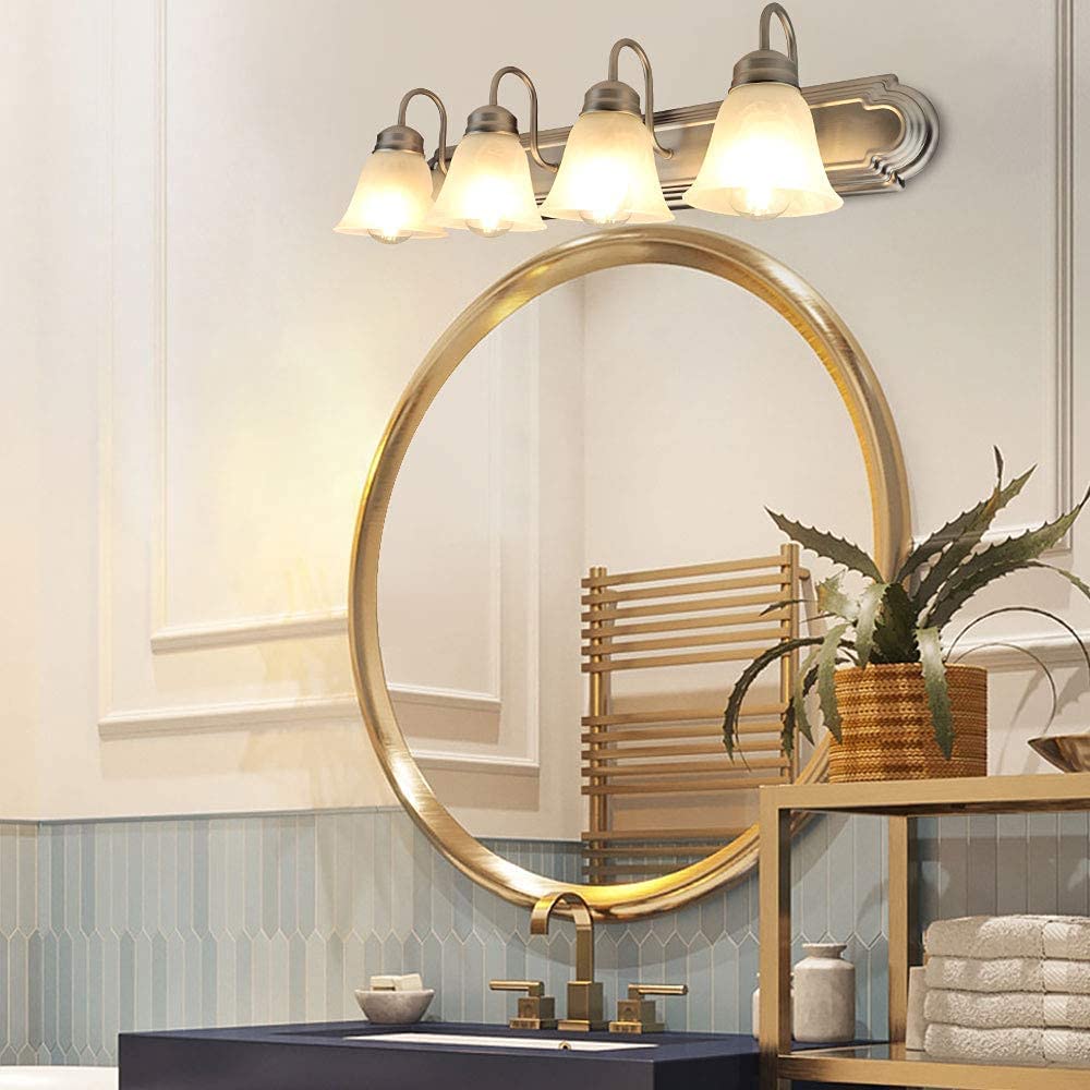 Depuley 4-Light Bathroom Vanity Light Fixture - Brushed Nickel Wall Sconce with Glass Shades for Bathroom, Bedroom & Hallway Lighting