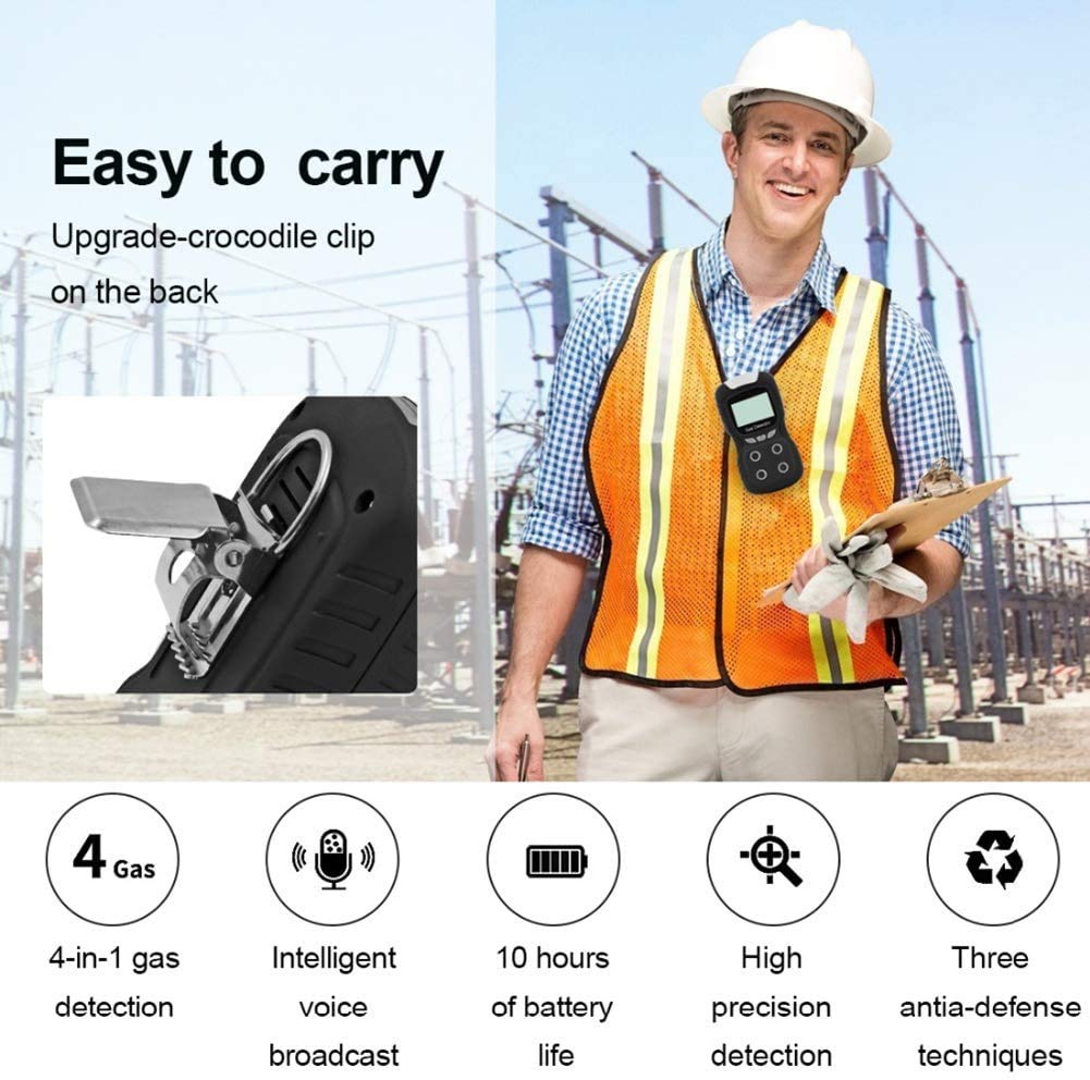 Portable 4-Gas Detector for EX/H2S/CO/O2 - Rechargeable Multi-Gas Monitor with LCD Display, Sound, Light & Vibration Alarms - Durable Gas Analyzer for Industrial Safety, Confined Space & Workplace Monitoring