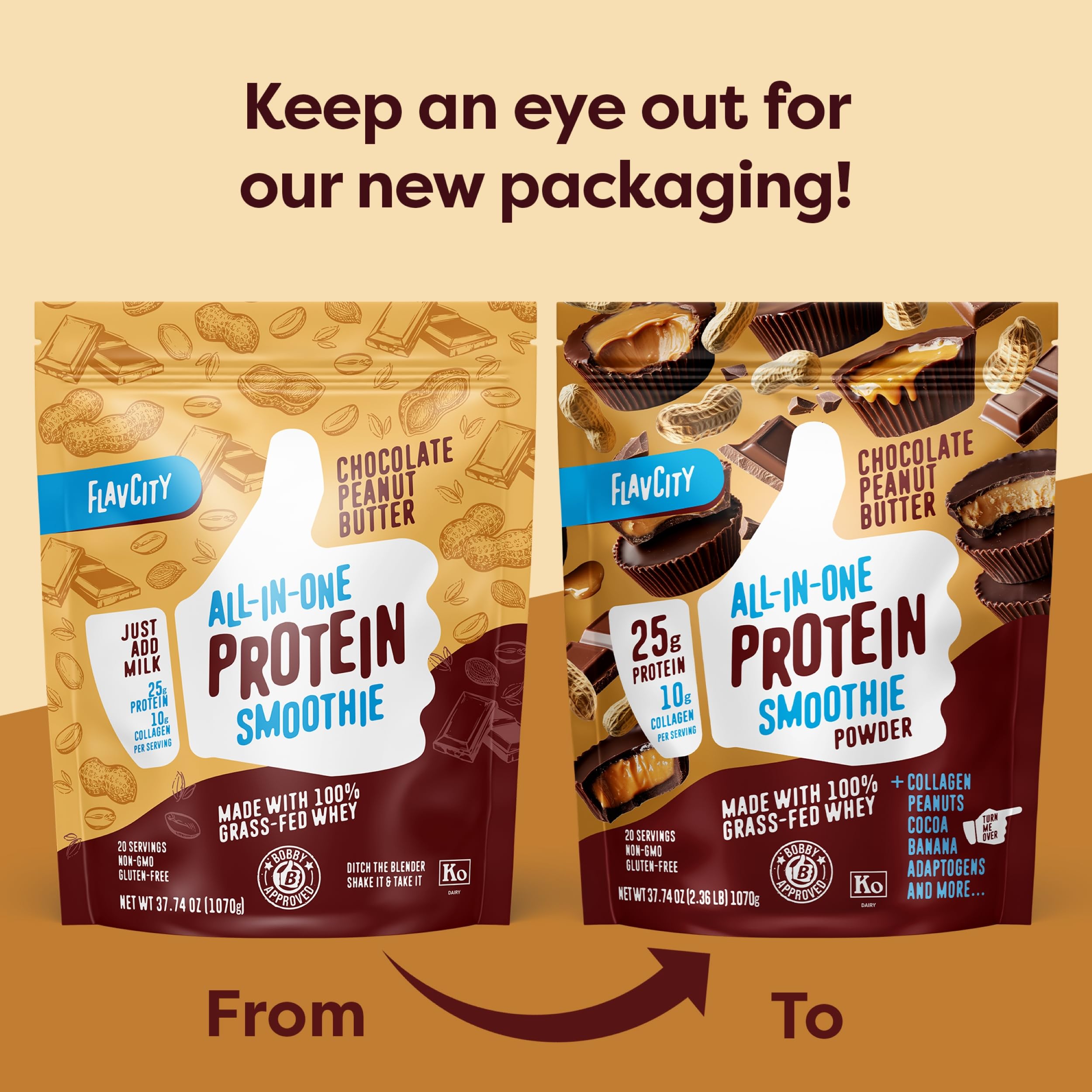FlavCity Chocolate Peanut Butter Protein Powder Smoothie - 100% Grass-Fed Whey Protein with Collagen (25g Protein) | Gluten Free, No Added Sugars, 37.74 oz | Perfect for Post-Workout Recovery & Healthy Breakfast Smoothies