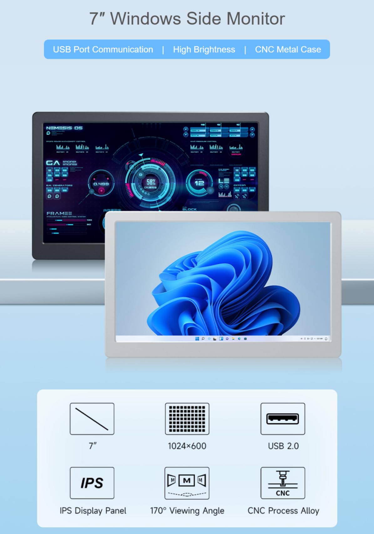 TUOPUONE 7inch IPS Side Monitor - 1024×600 HD Resolution, Secondary Display for PC Case, High Brightness & CNC Metal Frame (Black) - Perfect for Gaming Setups, Workstations, and Multi-Tasking