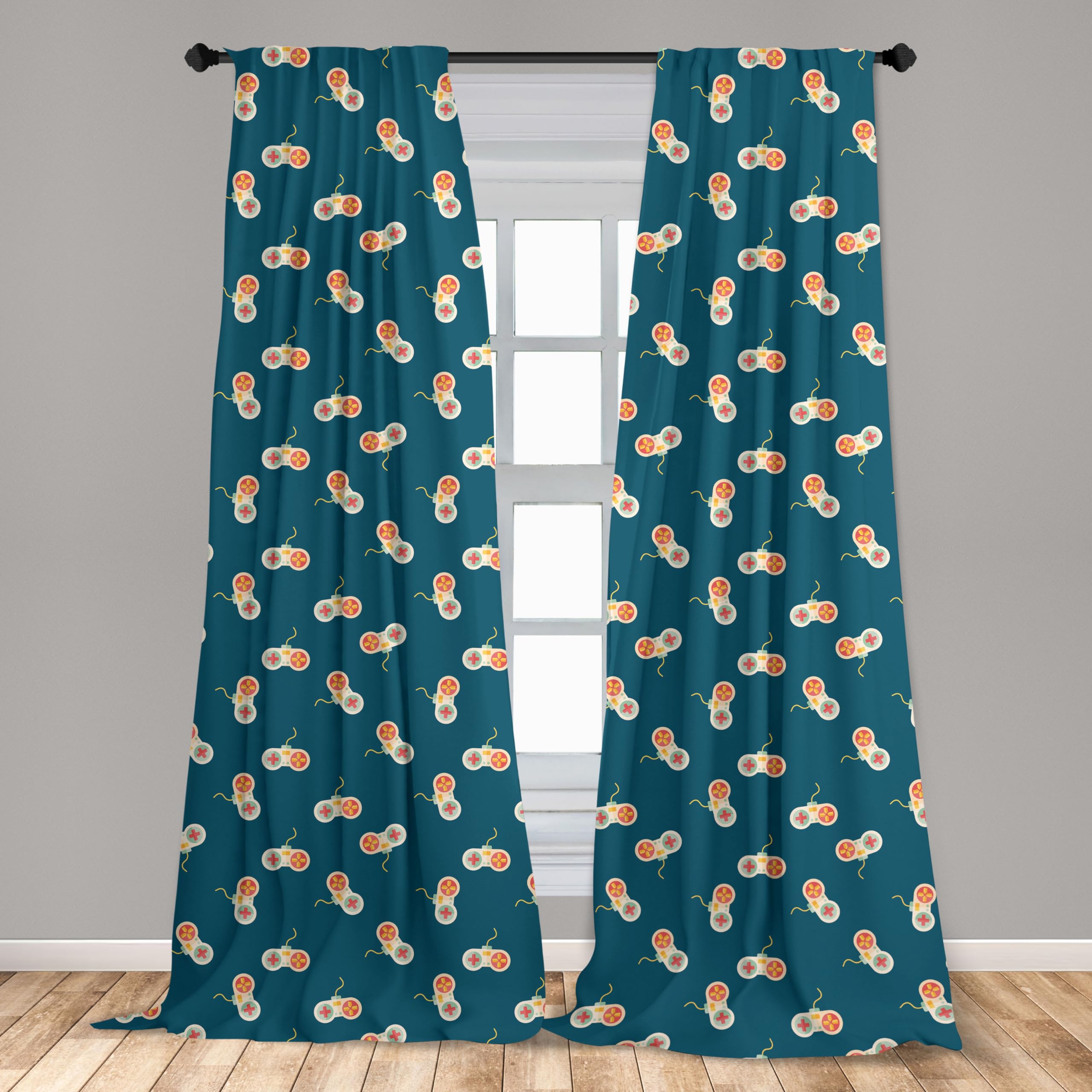 Ambesonne Gaming Window Curtains - Retro Video Game Console Design | Lightweight Blackout Curtains for Bedroom & Game Room | 2-Panel Set with Rod Pocket (28x63 inches, Petrol Blue) - Perfect for Gamers & Retro Decor Enthusiasts