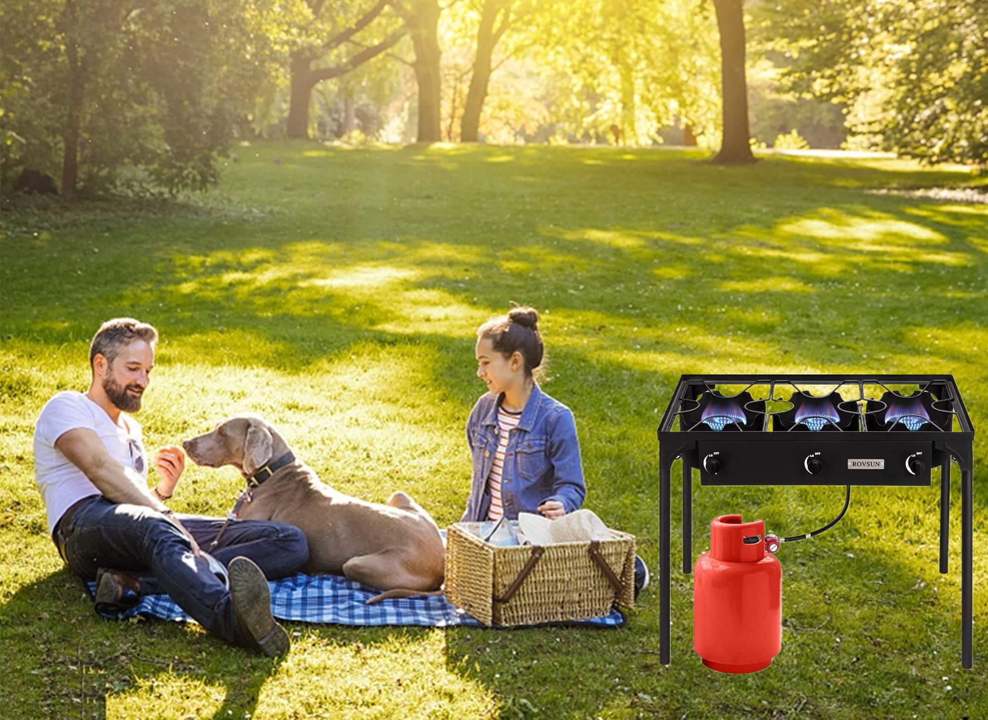 ROVSUN 225,000 BTU 3-Burner Outdoor Propane Gas Stove with Regulator - High Pressure Stand Cooker for Backyard BBQ, Camping, Home Brewing, Canning & Turkey Frying | Perfect for Outdoor Cooking, Tailgating & Large Gatherings