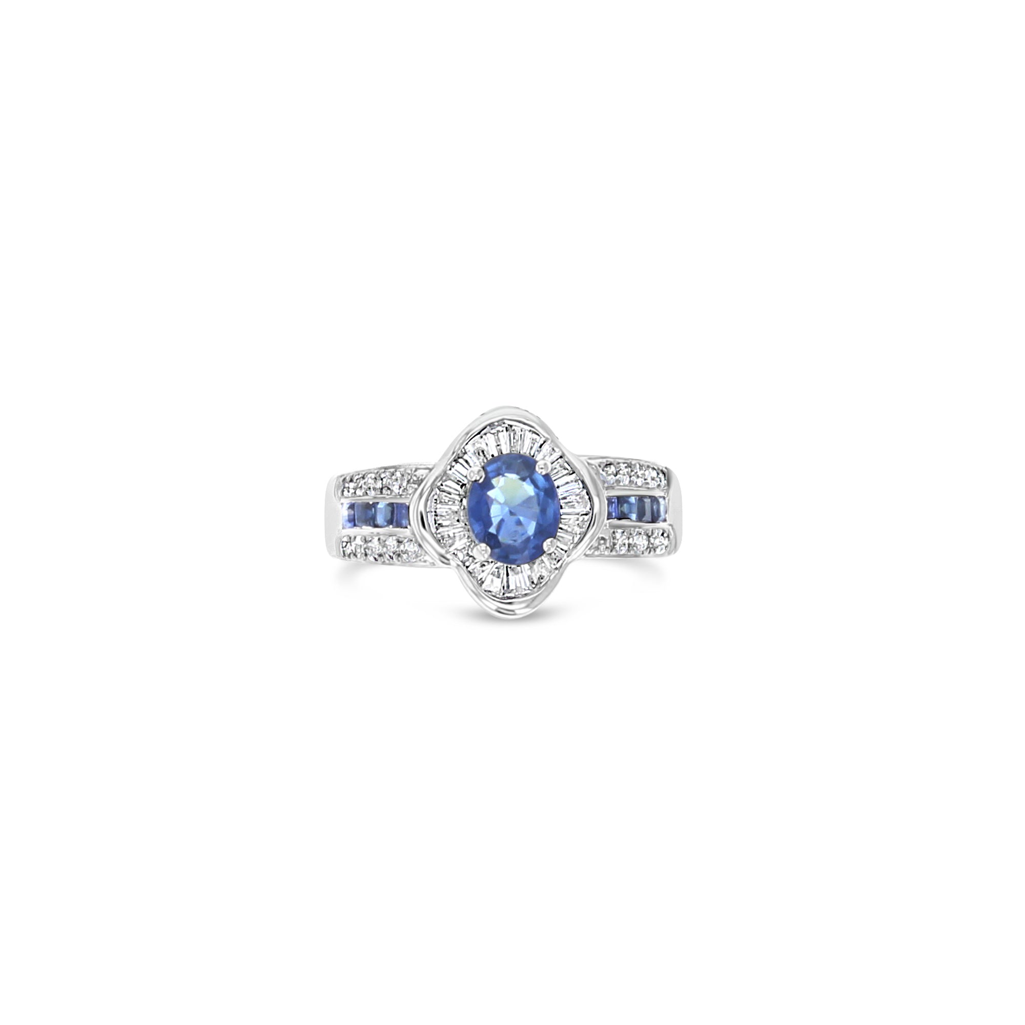 1.60cttw Sapphire and Diamond Baguette Engagement Ring in 18k White Gold – Perfect for Proposals, Anniversaries & Bridal Jewelry