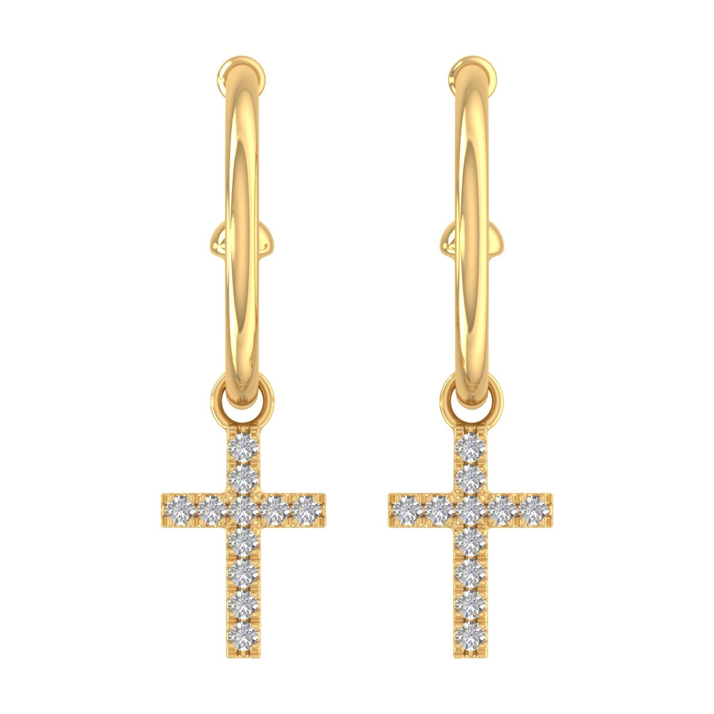 10K Solid Gold Diamond Hoop Earrings With Cross Pendant (0.12 Carat) - IGI Certified Dainty Everyday Jewelry for Women, Perfect Gift for Birthday, Anniversary & Valentine's Day
