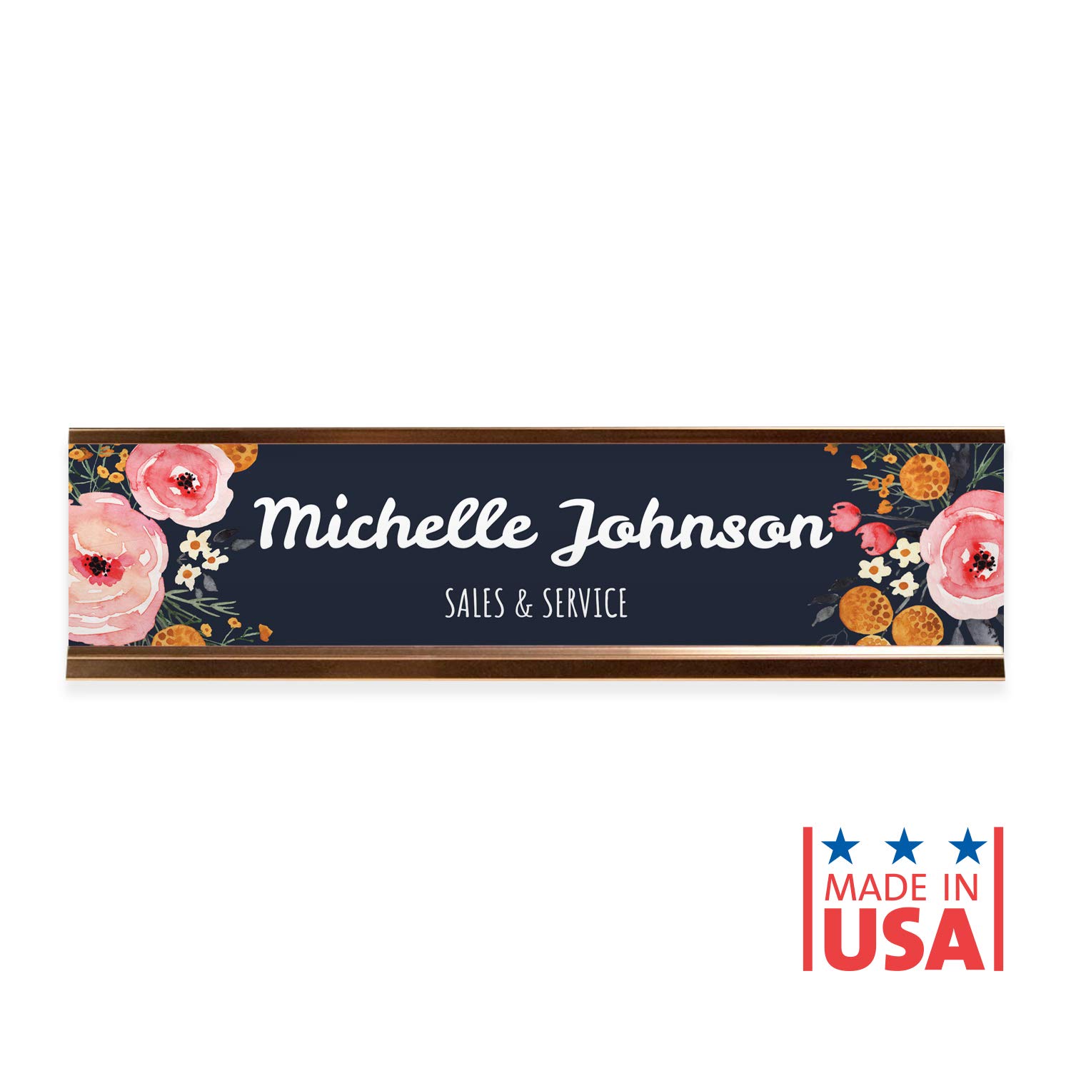 Custom Floral Name Plate with Rose Gold Metal Holder - Personalized 8
