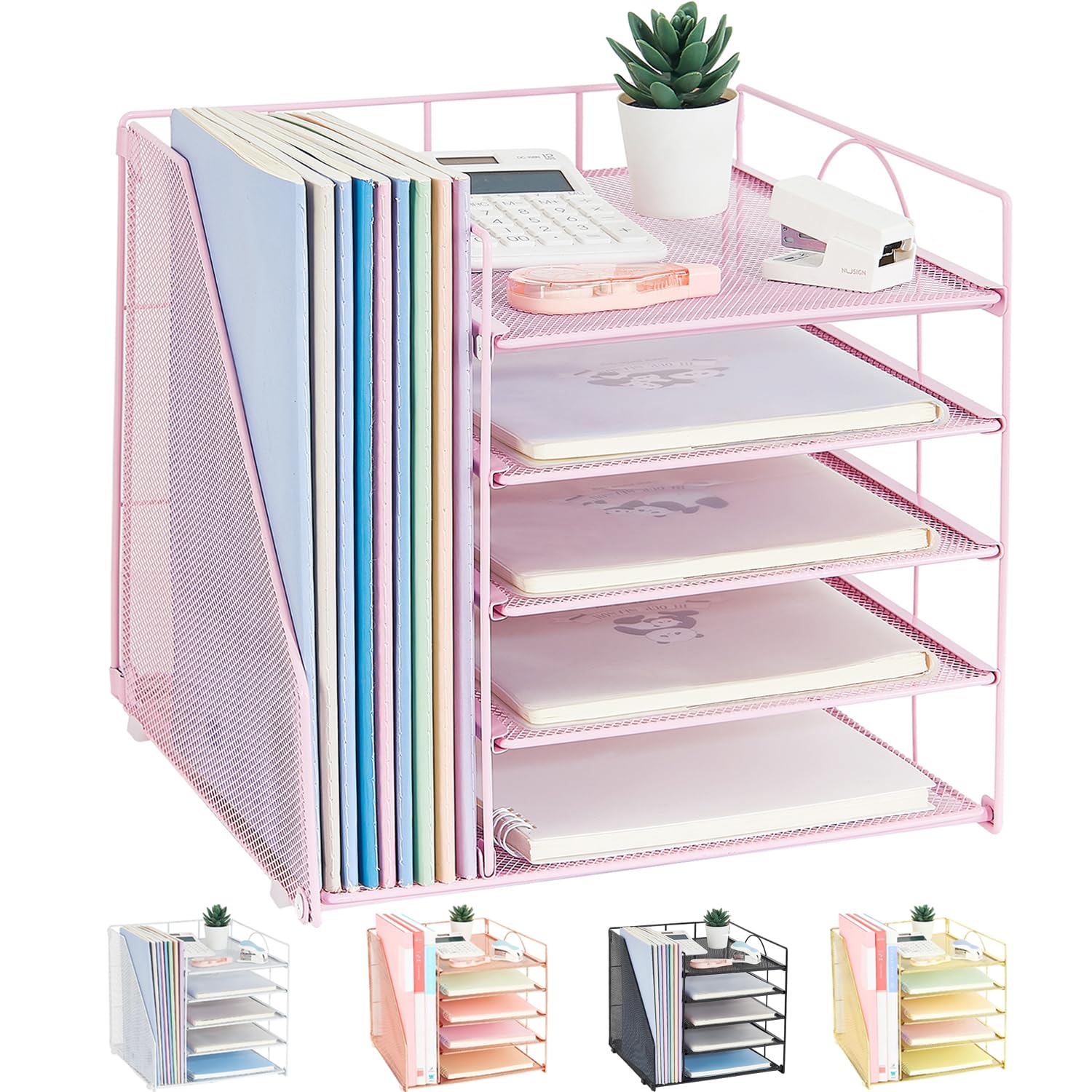 5-Tier Paper Letter Tray Organizer with File Holder - Pink Desk Organizer for Office & Home - Perfect for Mail, Documents, Bills, and Office Supplies Storage