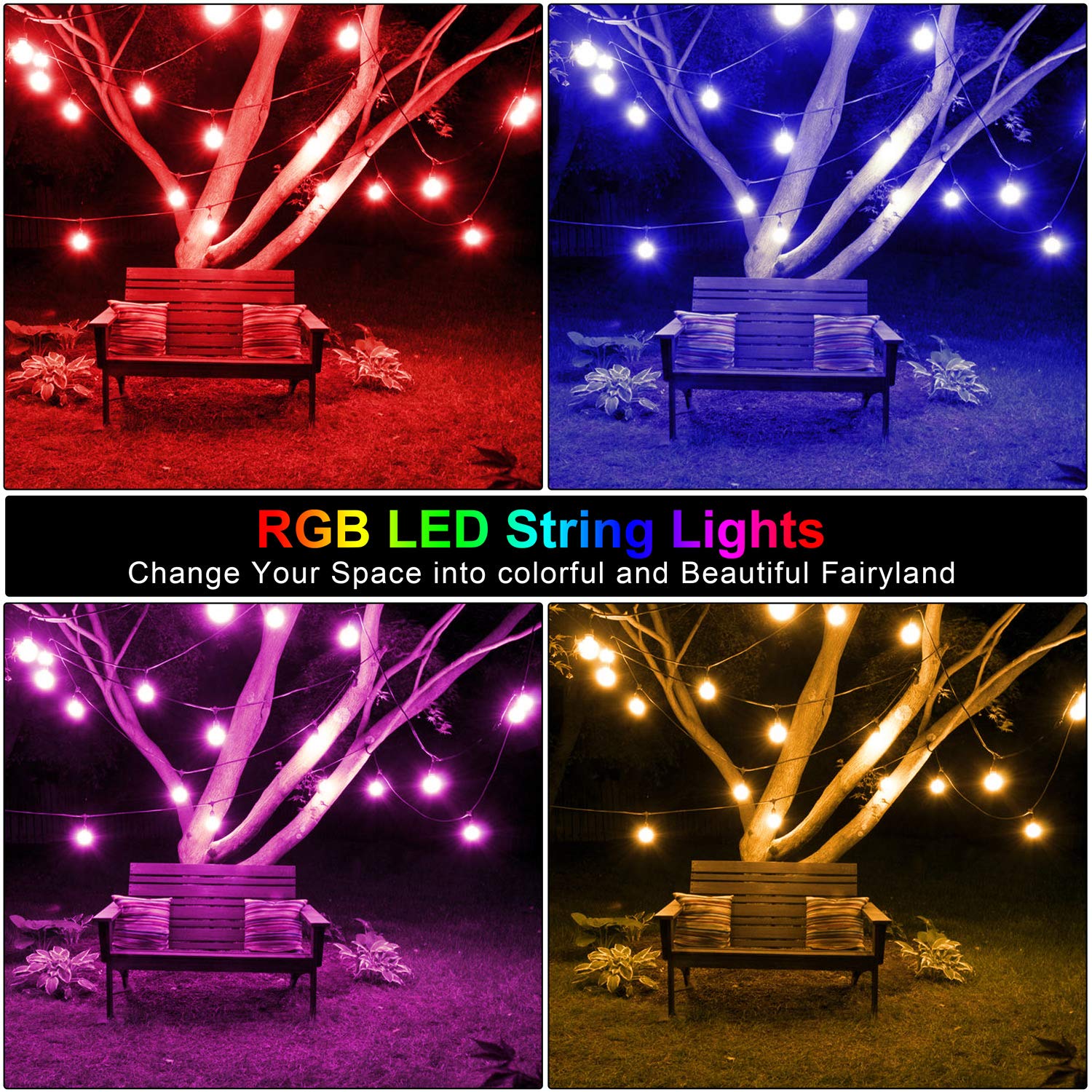 48FT Outdoor LED String Lights - Waterproof Dimmable RGB Patio Lights with Remote Control & 15 Shatterproof Bulbs - Perfect for Bistro, Cafe, Garden Party, Backyard Wedding, and Outdoor Decor (Black, 1 Pack)