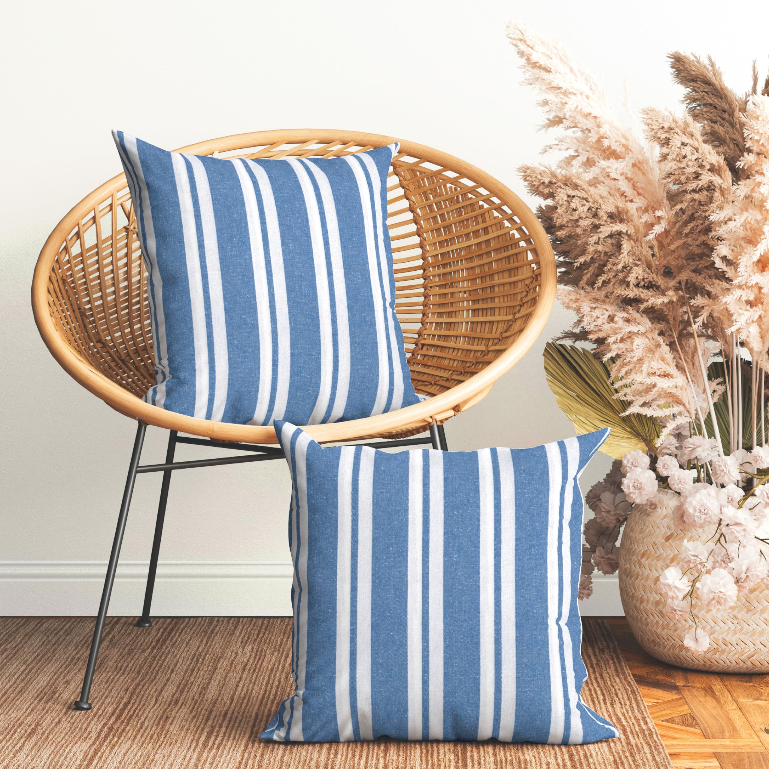 Encasa XO Farmhouse Throw Pillow Covers Set of 2 - 18x18 Inch Franca Blue Stripes & Plaid Decorative Cushion Covers (No Inserts) for Living Room, Couch, Sofa, Bedroom - Cozy Home Decor Accent Pillows