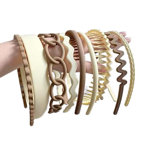 Staila Elastic Hair Comb Headband for Women & Girls - 9 Piece Matte Hair Band Set (Brown) | Perfect for Styling, Workouts & Everyday Wear
