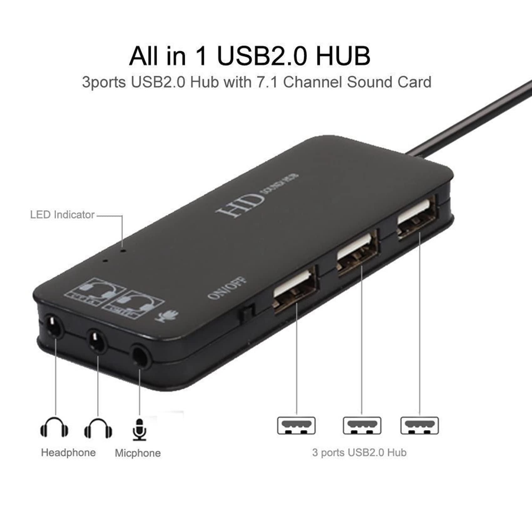 Daweglop 2-Port USB 2.0 Hub with 7.1 Channel Sound Card - External USB Audio Adapter for PC Headset & Microphone (Black) | Perfect for Gaming, Streaming & Video Conferencing