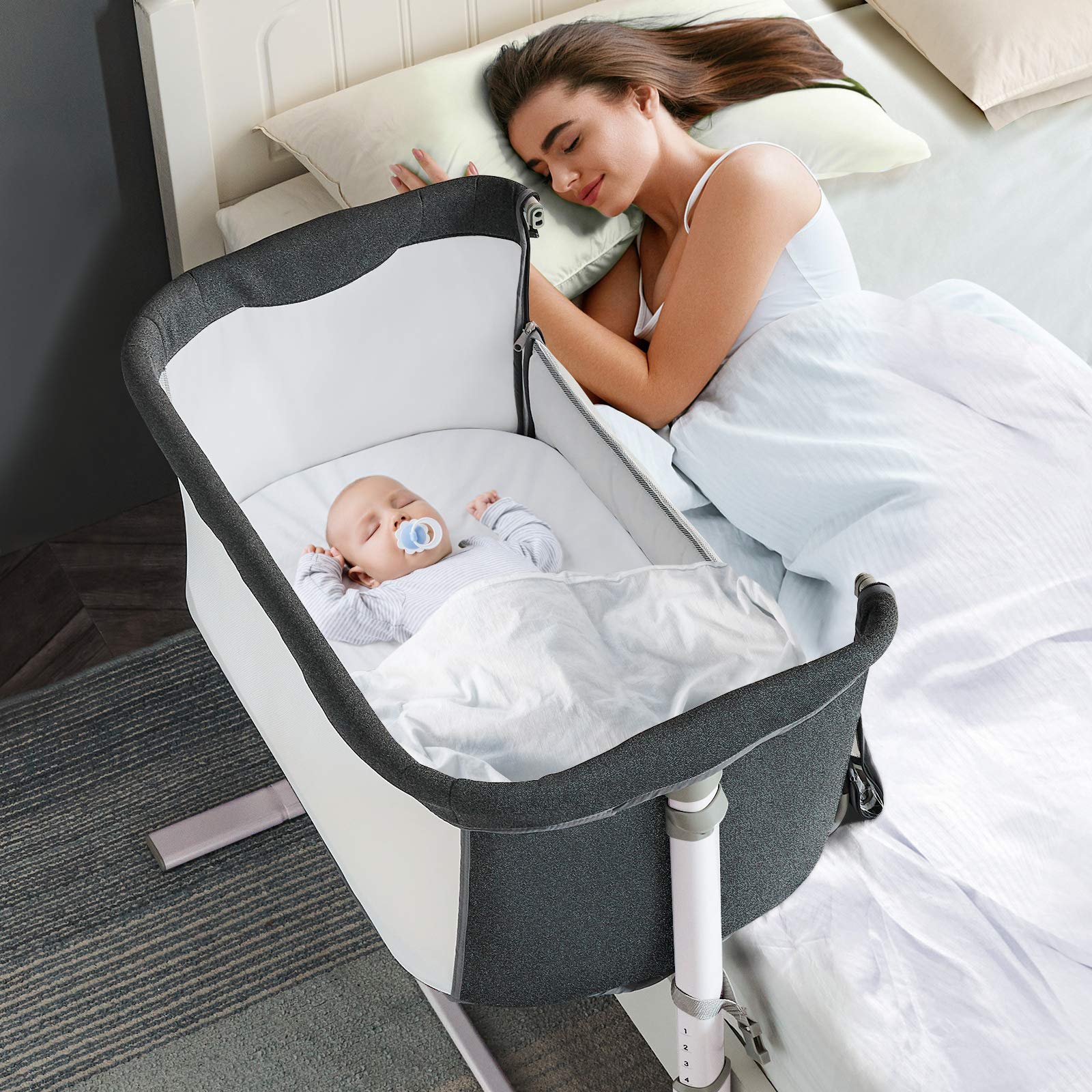 RONBEI Baby Bassinet Bedside Sleeper - Portable & Easy to Assemble Crib for Newborns & Infants, Dark Grey - Perfect for Nursery, Bedroom & Travel Use