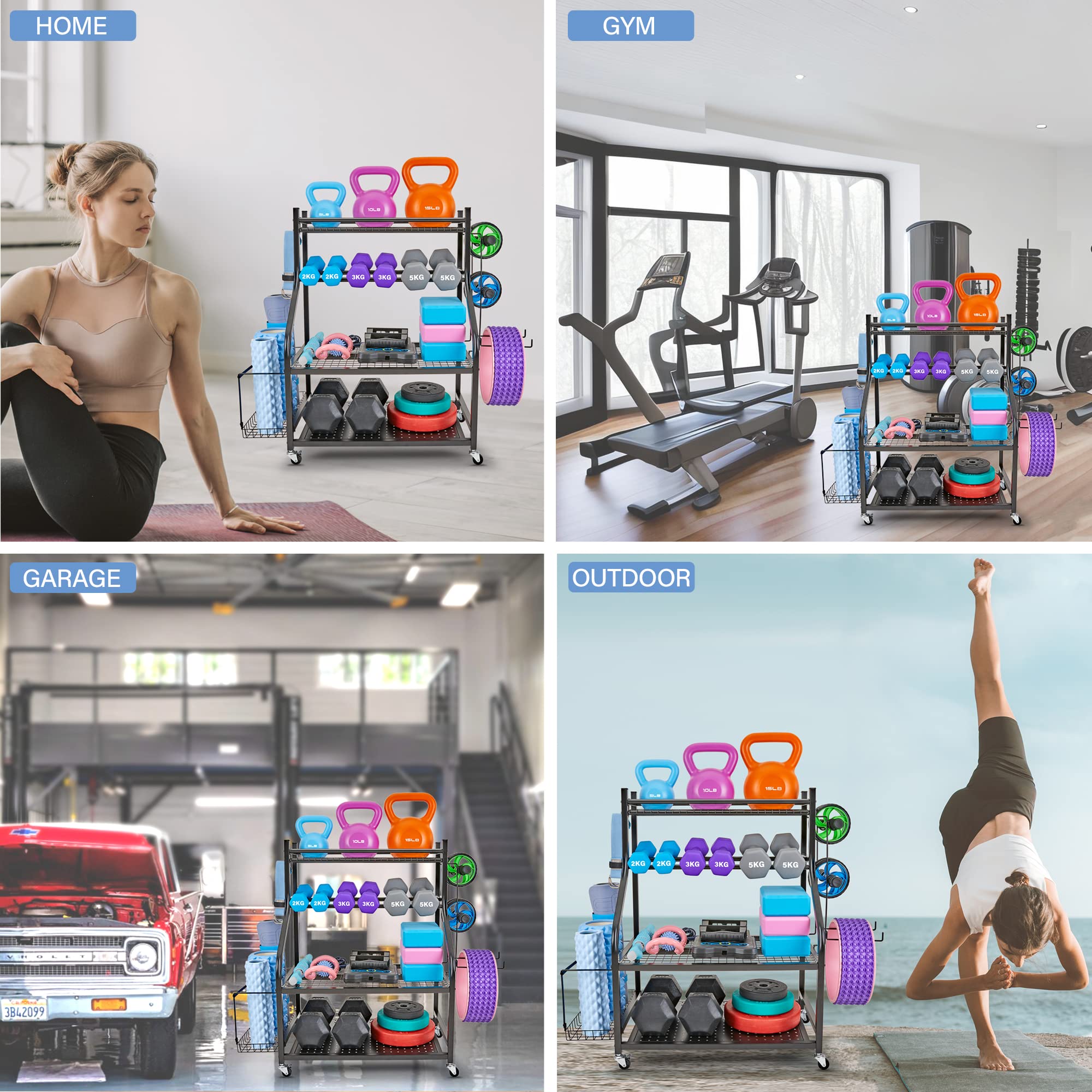 Dumbbell Rack & Yoga Mat Storage Organizer - Heavy Duty Home Gym Equipment Stand for Dumbbells, Kettlebells & Yoga Mats | All-in-One Workout Gear Storage with Wheels | Perfect for Home Gym, Garage & Fitness Studio Organization