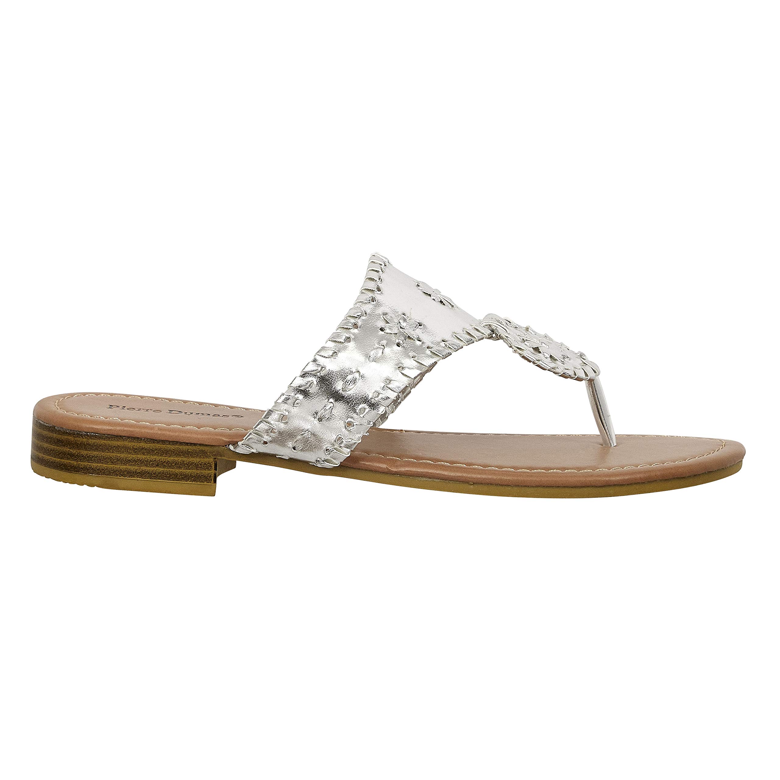Pierre Dumas Women's Rosetta Slip-On Thong Sandals - Silver | Comfortable Summer Beach Sandals for Women | Size 9 Medium | Casual Walking, Vacation, Poolside Wear