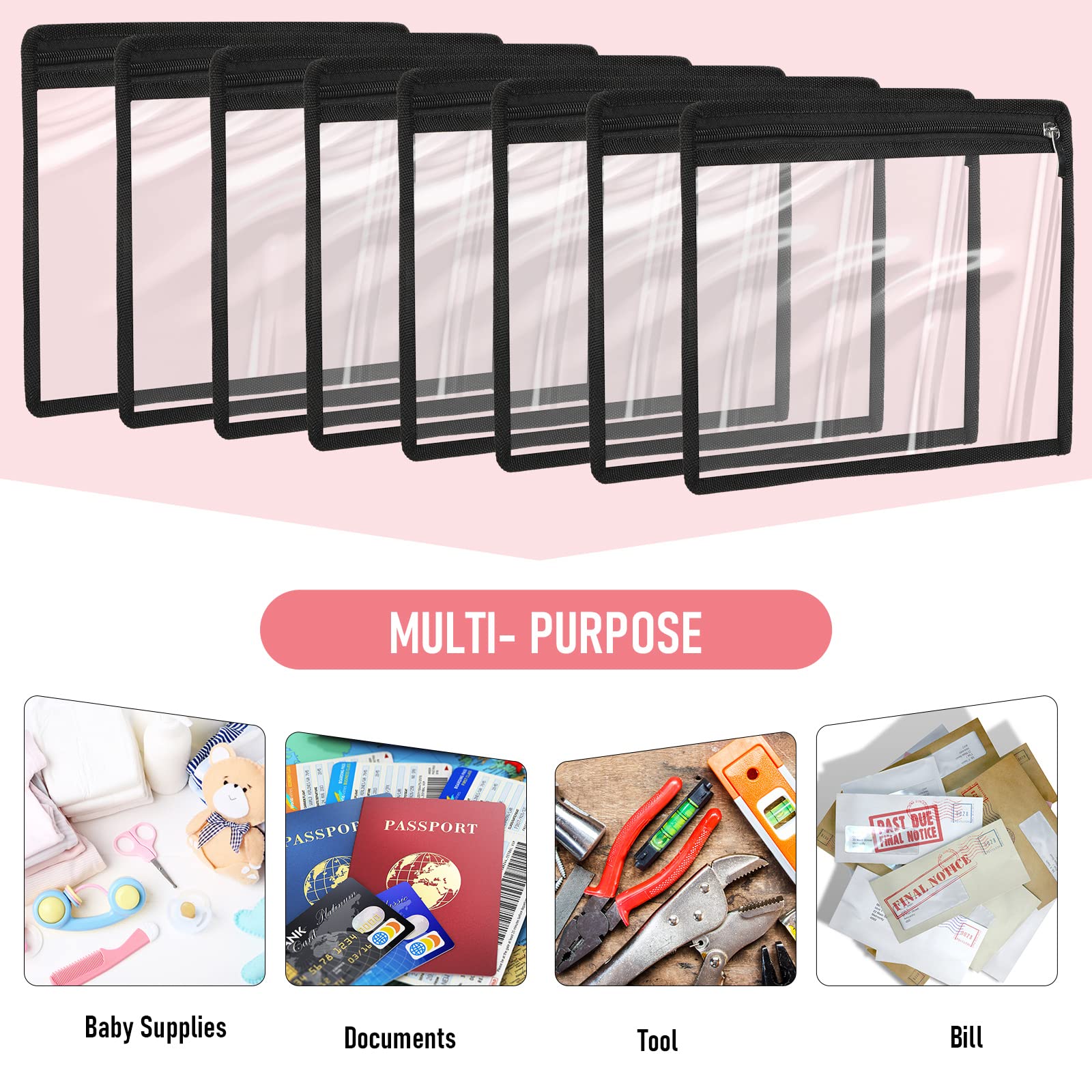 Outus 8-Pack Clear PVC Zipper Pouches for Pencils, Makeup & Documents - 13 x 10.5 Inches Multi-Purpose Storage Bags with Black Edging | Perfect for Office, School & Travel Organization