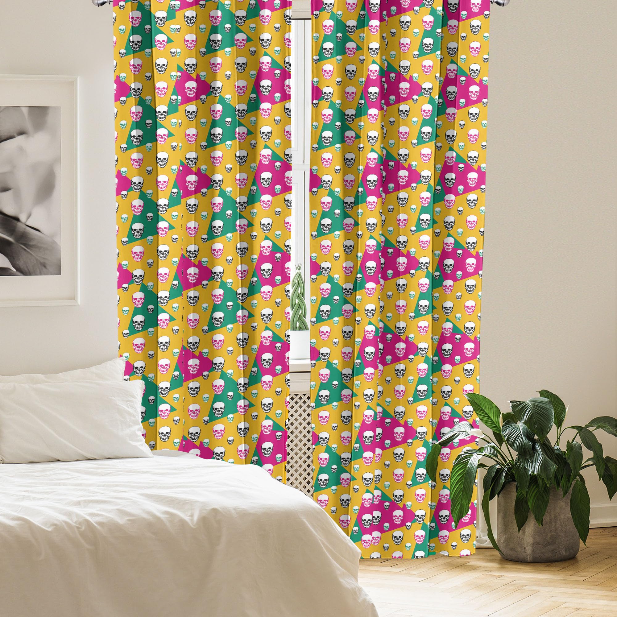 Ambesonne Skull Window Curtains - Gothic Head Bones Print on Geometric Triangle Pattern, Lightweight Blackout Drapes 2-Panel Set with Rod Pocket (28