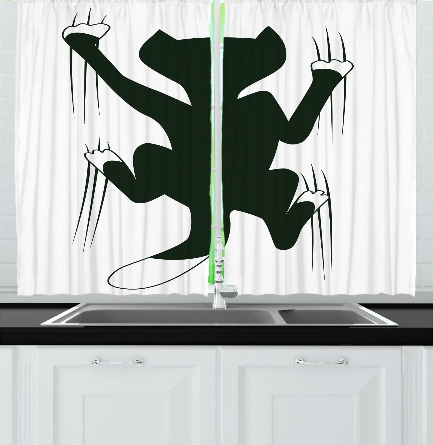 Ambesonne Modern Long Kitchen Curtains - Fun Cat Scratching Wall Animal Design, 2 Panel Rod Pocket Drapes, 55 x 45 Inches, Dark Green & White | Perfect for Pet Lovers' Home Decor, Kitchen Windows & Living Room