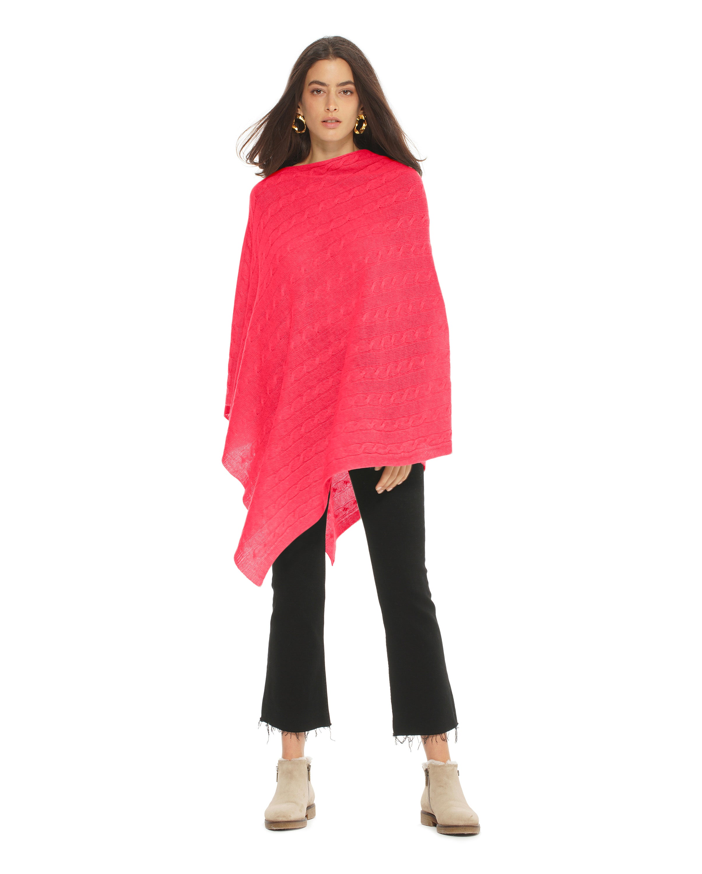 Luxury Women's Pure Cashmere Cable Knit Poncho - Soft Coral Red Winter Shawl Wrap for Office, Travel & Holiday Gifts