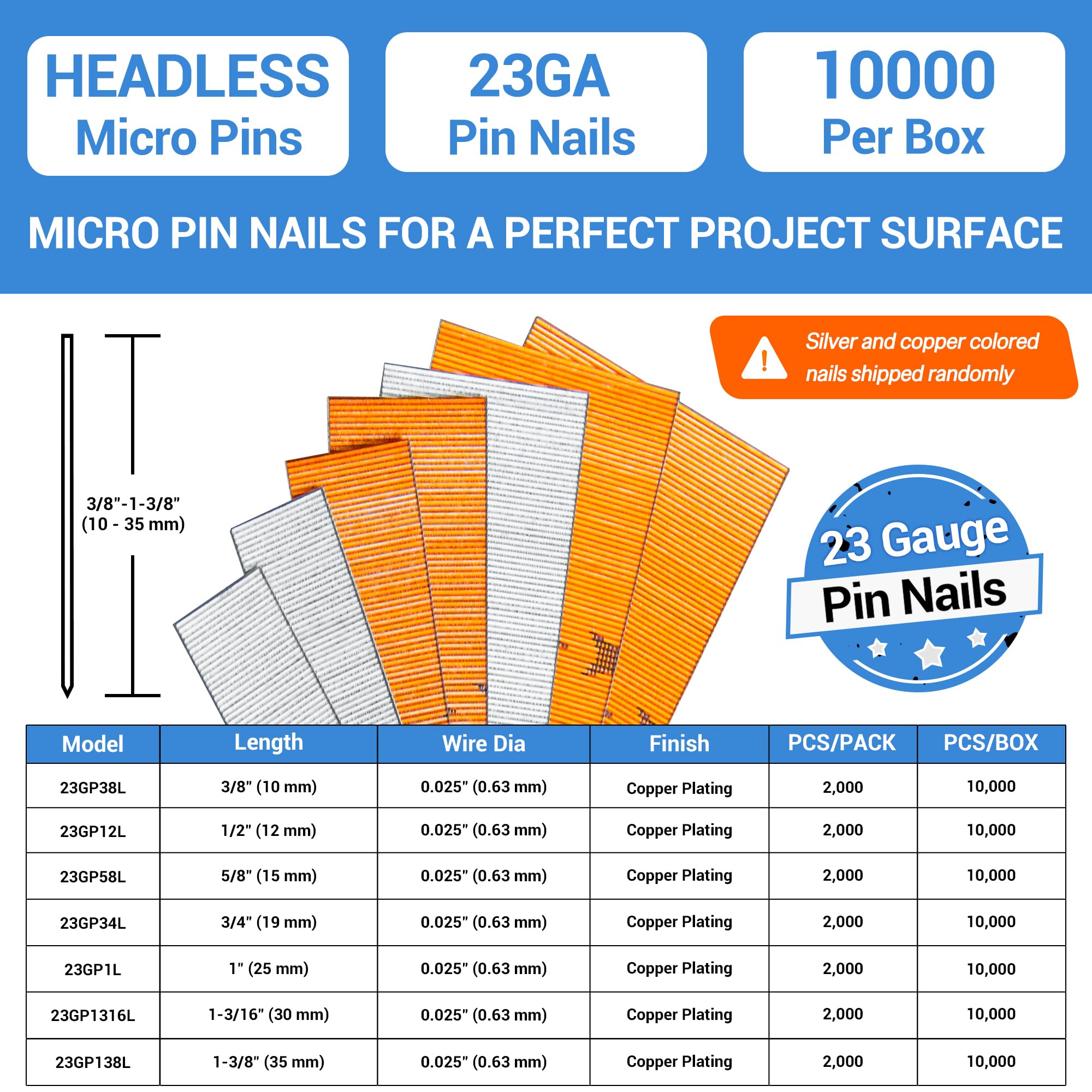 Meite 23 Gauge 5/8-Inch Copper Plated Pin Nails - 10,000 PCS Micro Headless Pins for Pin Nailer and Nail Gun | Perfect for Fine Woodworking, Trim Work, Crown Molding, Cabinet Making and Furniture Repair
