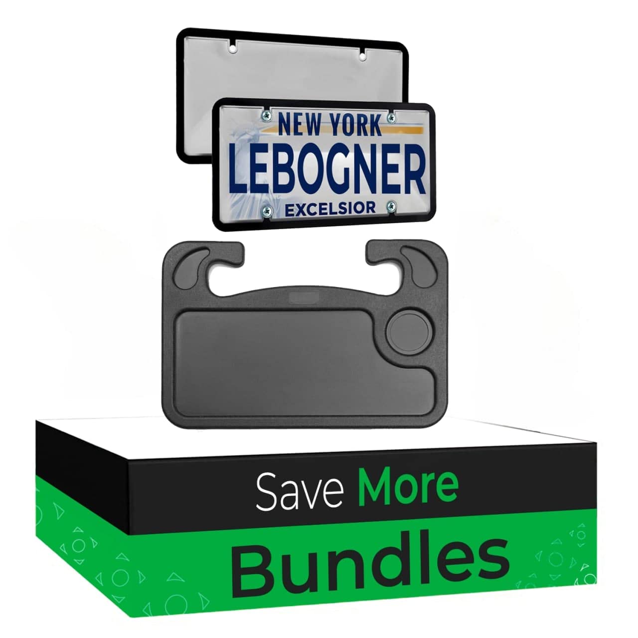 Lebogner Car License Plate Covers & Steering Wheel Desk Tray Combo - Durable Auto Accessories for Road Trips, Office Work & On-the-Go Meals