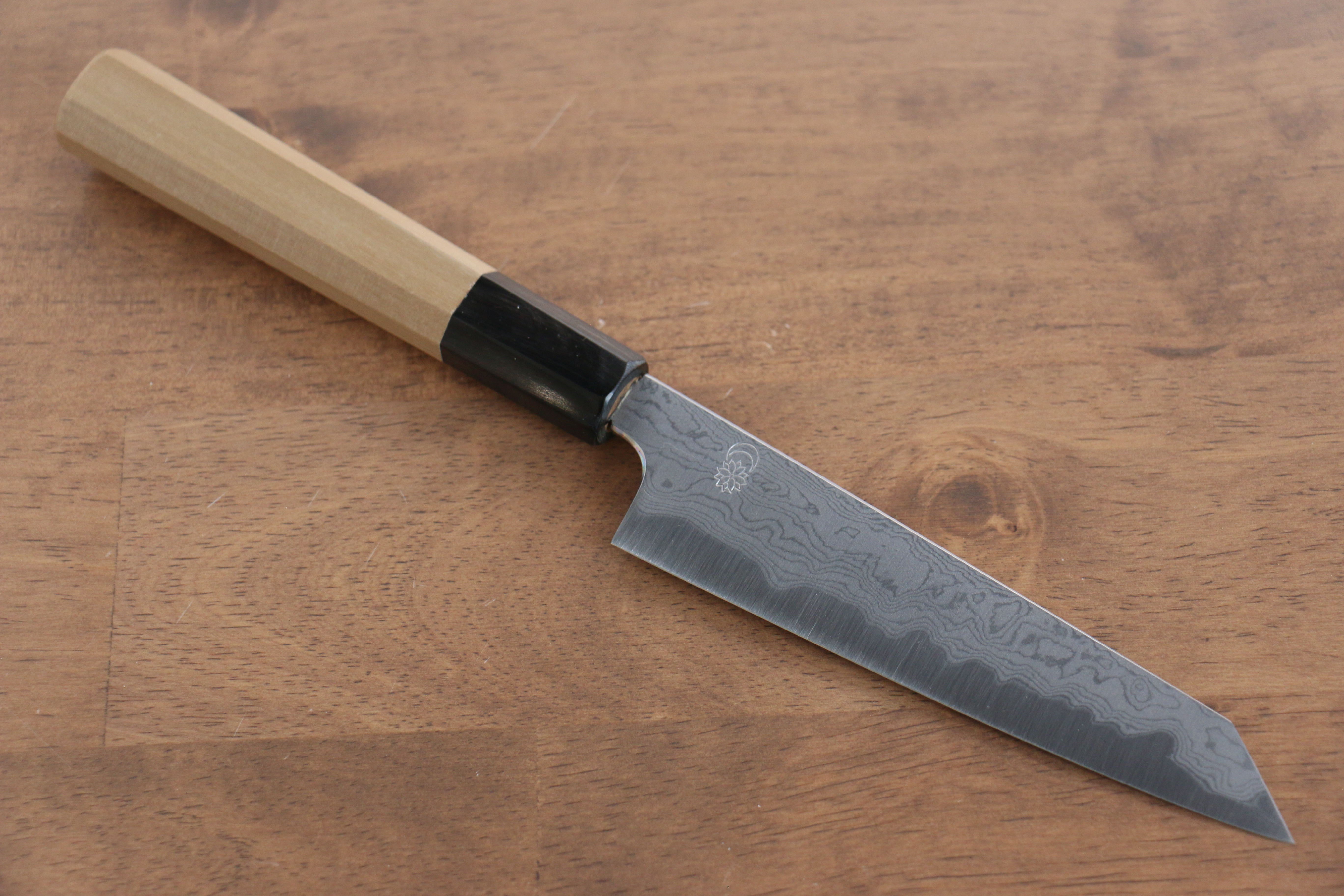 Premium Kikuzuki Blue Steel No.1 Damascus Kiritsuke Petty Knife 135mm with Magnolia Wood Handle - Perfect for Sushi, Vegetables & Precision Kitchen Tasks