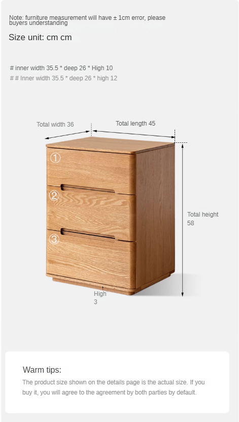 Solid Oak Wood 3-Drawer Nightstand with Lock - Bedside Table for Bedroom, Living Room & Office Storage