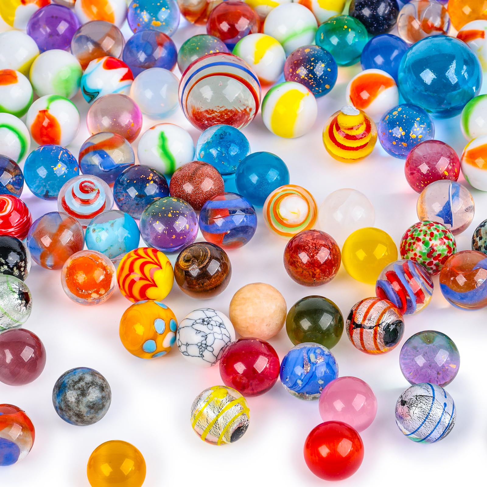 POPLAY 100PCS Assorted Glass Marbles Bulk - 0.63 Inch Colorful Mini Marbles for Kids Games, DIY Crafts, Home Decor & Vase Fillers - Perfect for Marble Runs, Sensory Play, and Party Favors
