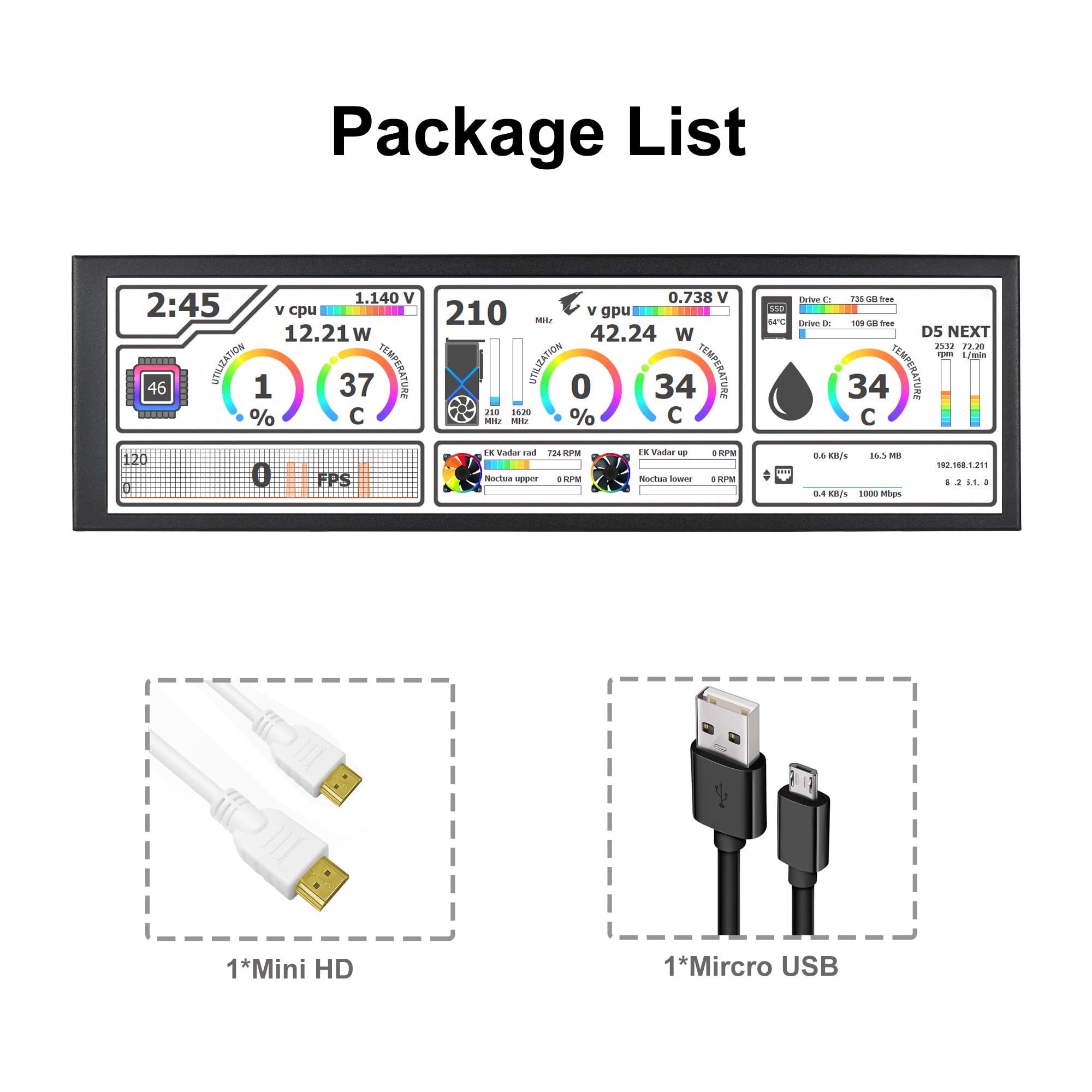 8.8 Inch Secondary Computer Monitor - FHD IPS 1920x480 LCD Display with Case for CPU/GPU Temperature Monitoring | Compatible with Windows & Aida64 | Perfect for PC Builds, Gaming Rigs, and Workstation Temperature Management