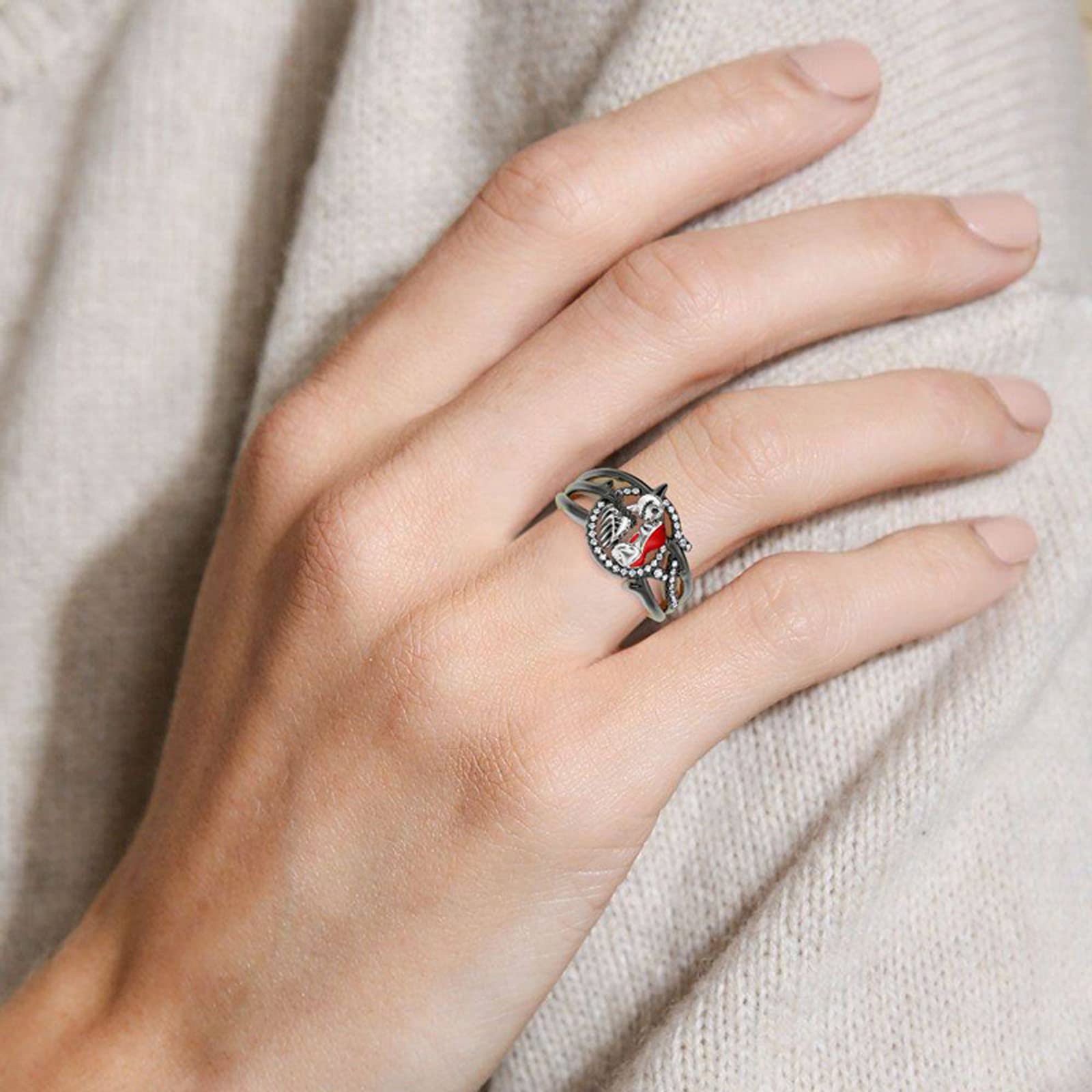 Gothic Skull Diamond Ring Sterling Silver Jack & Sally Skeleton Band - Halloween Jewelry for Women, Engagement & Anniversary Gift with Gift Box | Perfect for Christmas, Cosplay & Gothic Fashion