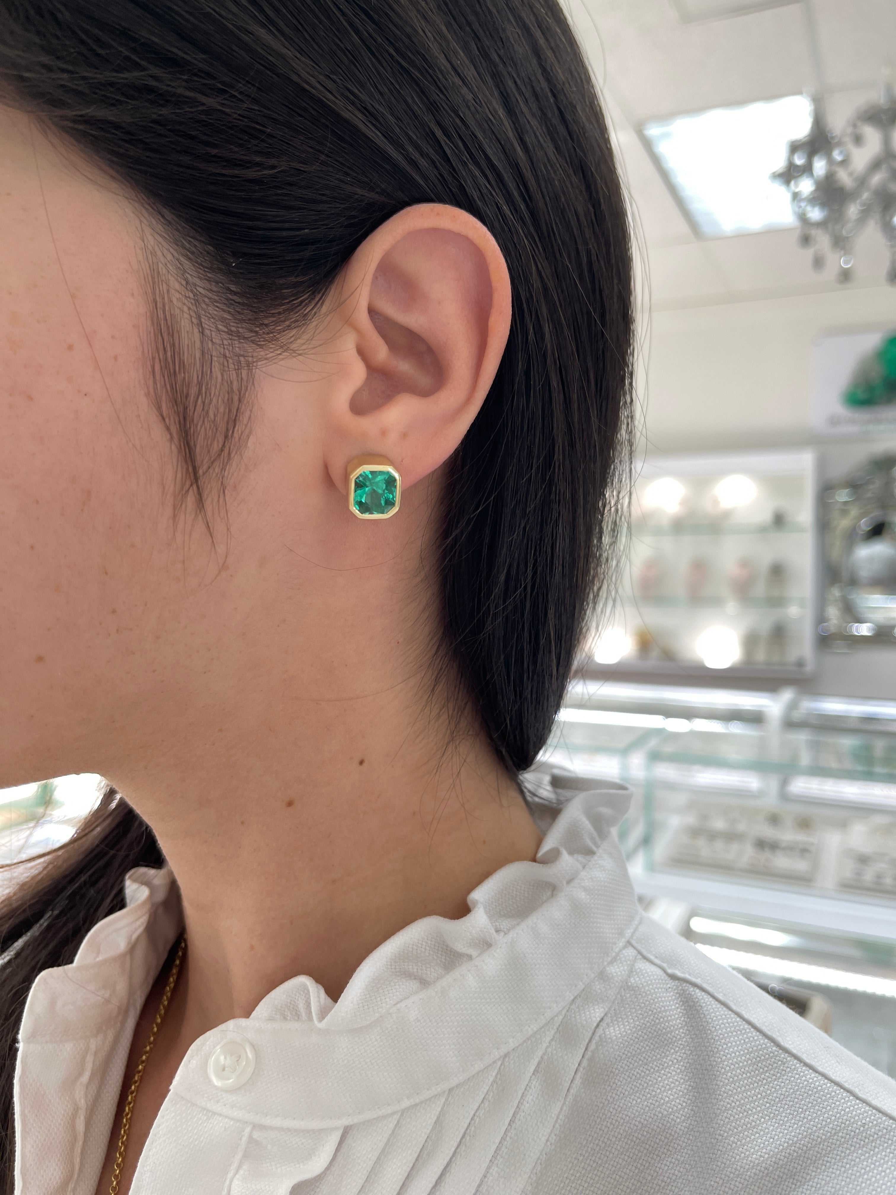 7.70tcw AAA+ Colombian Emerald Bezel Set Earrings - Angelina Jolie Style Luxury Jewelry for Women, Perfect for Weddings, Parties & Special Occasions