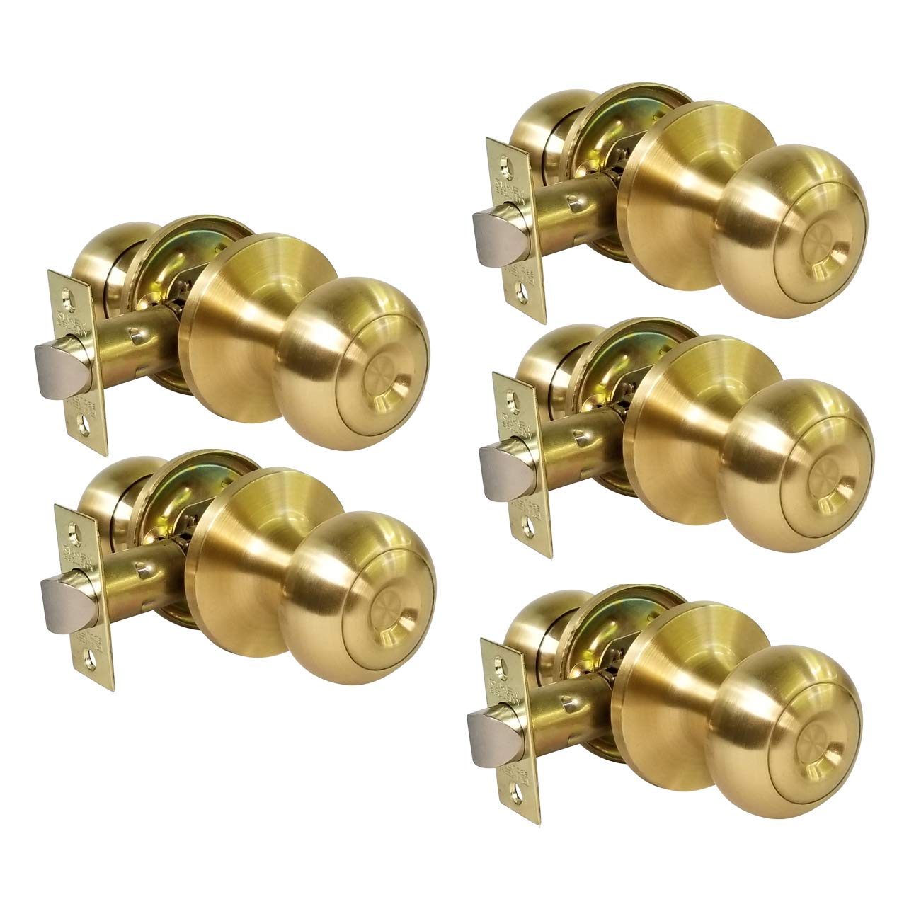 5-Pack Satin Brass Passage Door Knobs - No Cylinder Lock for Interior Bedroom & Closet Doors | Smooth Operation, Easy Installation | Perfect for Homes, Offices & Rental Properties