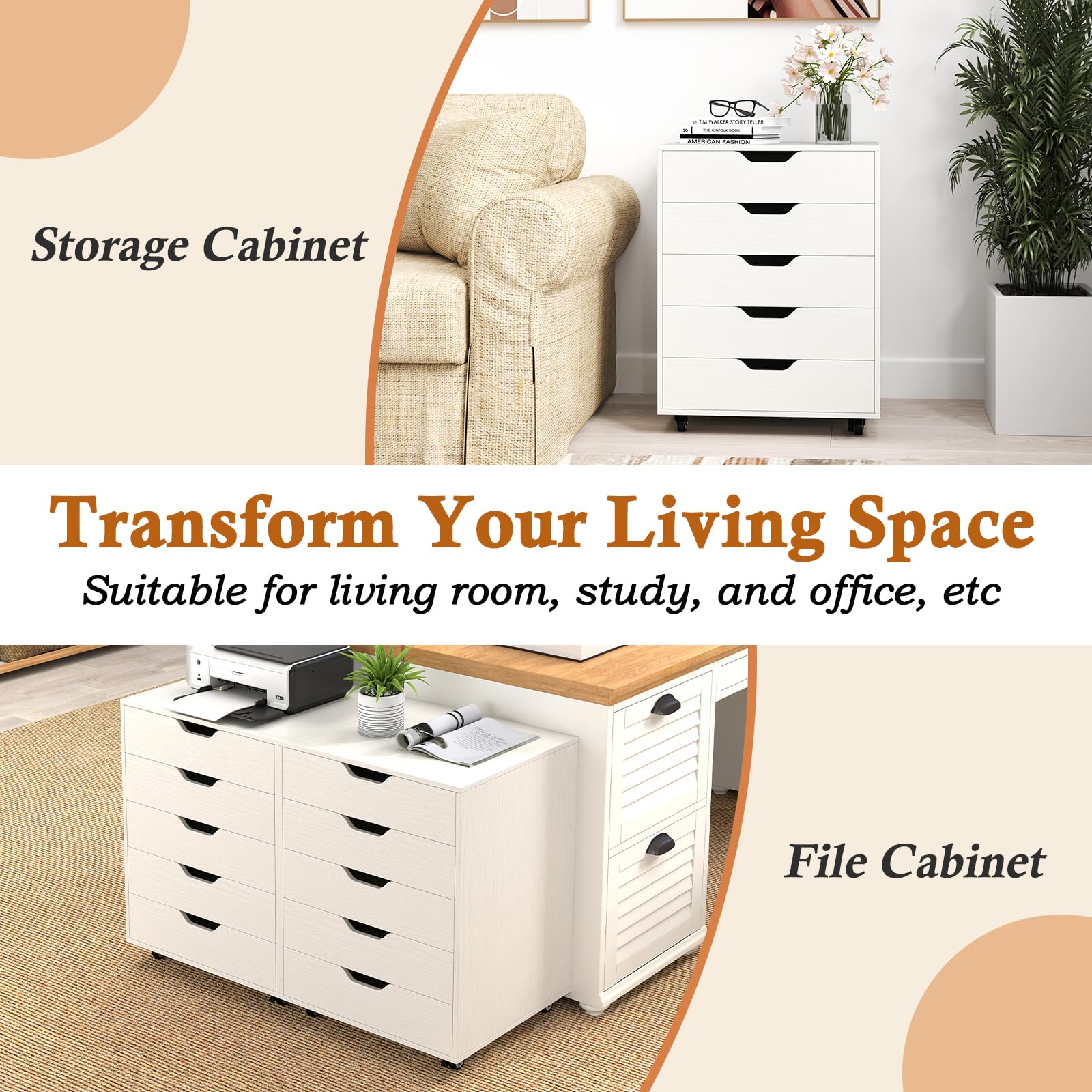 Giantex 5-Drawer Rolling Storage Cabinet with Wheels - Mobile Lateral File Organizer Under Desk, 19.5