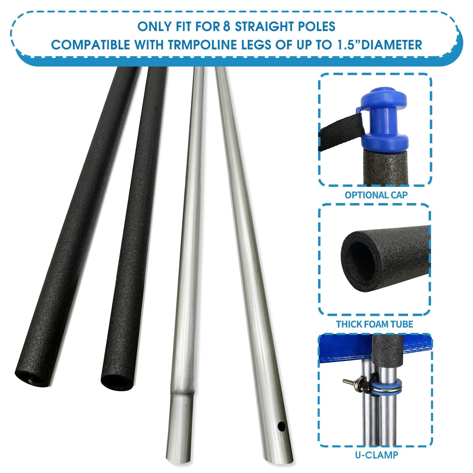8 Universal Trampoline Enclosure Net Poles - Replacement Poles & Hardware Kit for 8 Straight Poles Round Frame Trampolines | Perfect for Backyard Safety & Kids Outdoor Play