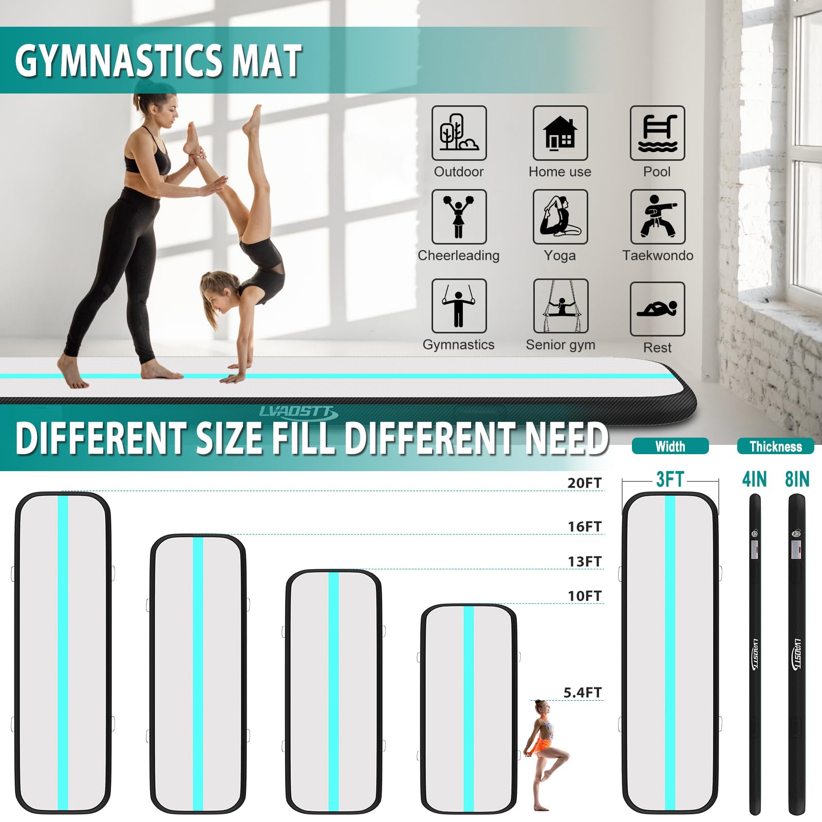 **13ft/16ft/20ft Inflatable Gymnastics Air Mat - 4/8 Inch Thick Tumbling Track with Electric Pump for Home, Cheerleading & Water Use | Perfect for Training, Meditation & Outdoor Play**