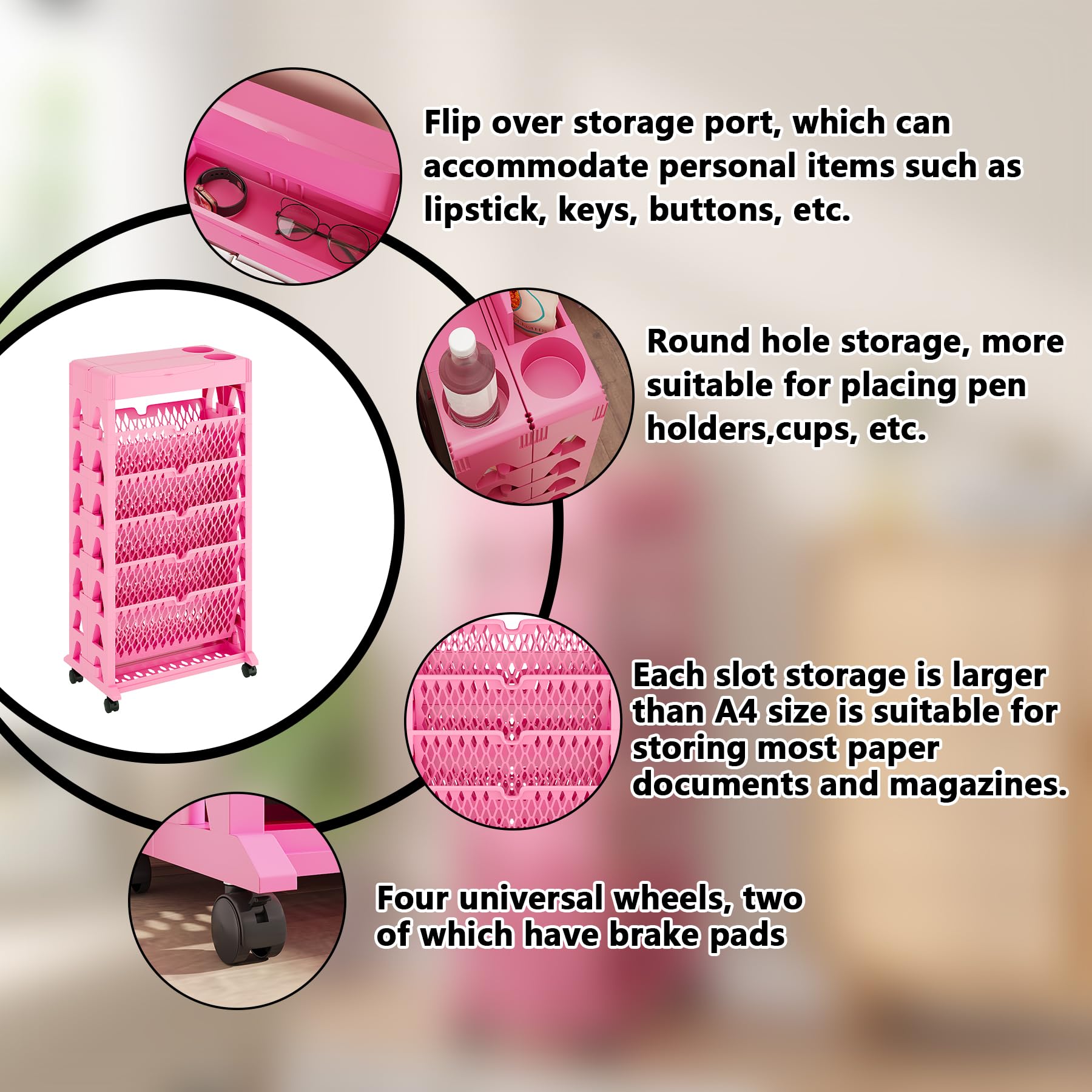 6-Tier Rolling Bookcase with Removable Shelves - Kids Book Organizer, Magazine & File Storage Rack (10 Slots, Pink) - Perfect for Home Office, Classroom & Playroom Organization