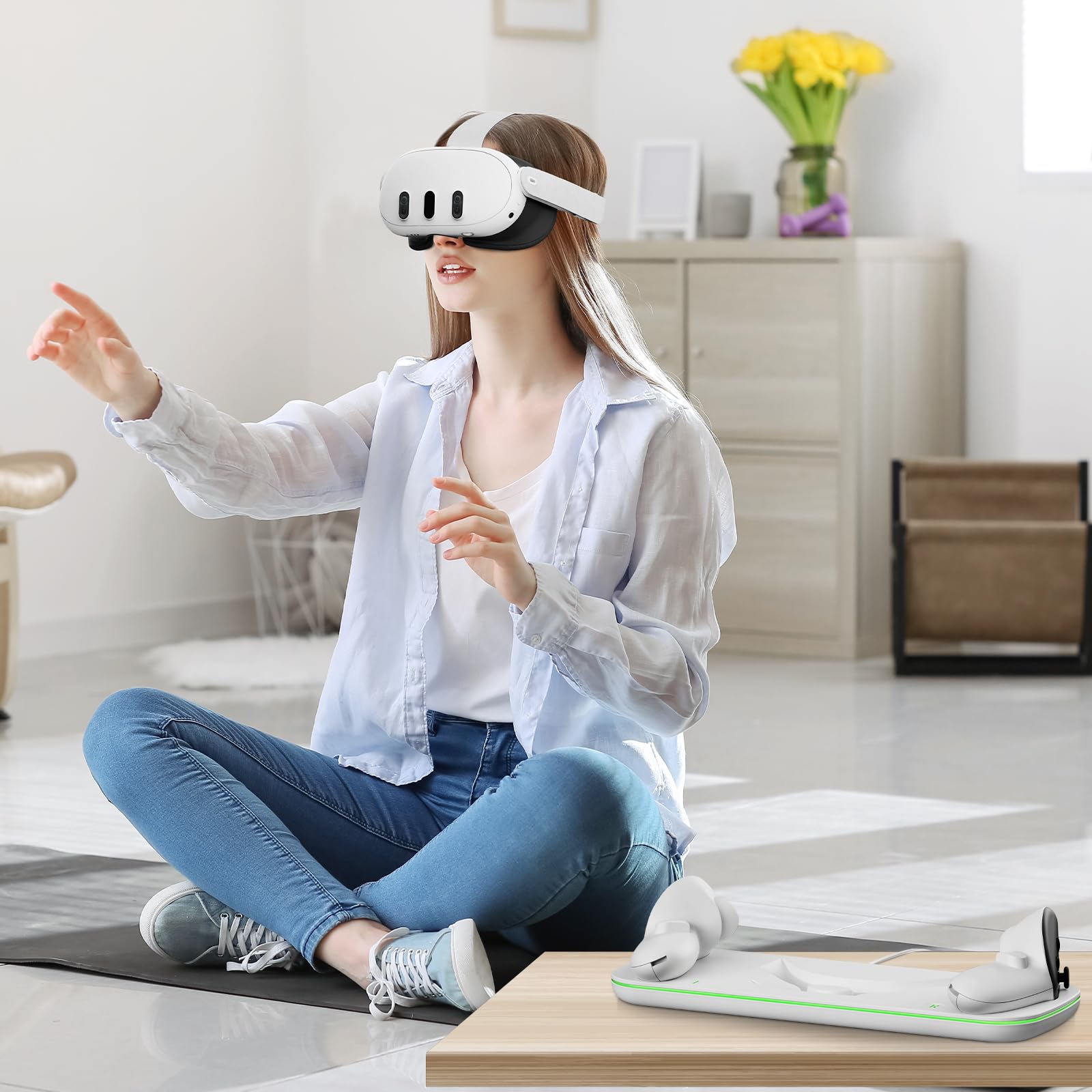 NexiGo 2nd Gen VR Charging Dock for Meta Quest 3 & Oculus Quest 3 - White Charging Station with LED Indicator, 2 Rechargeable Batteries & USB-C Cable | Perfect for VR Gaming Setup & Headset Display